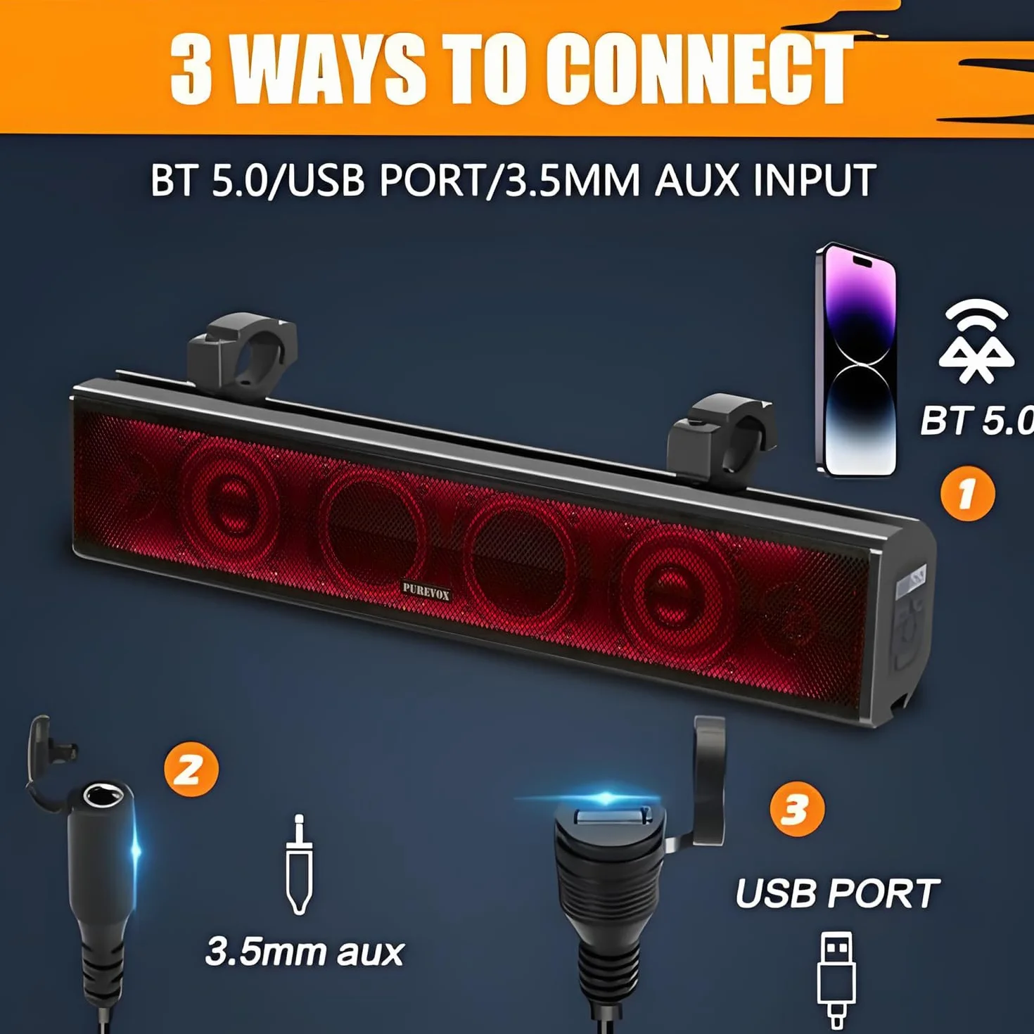 UTV Sound Bar, soundbar ATV da 66 cm, con luci multicolore SXS Sound Bar impermeabile Bluetooth Golf Cart Sound Bar per Polaris RZR Can-Am Defender Maverick