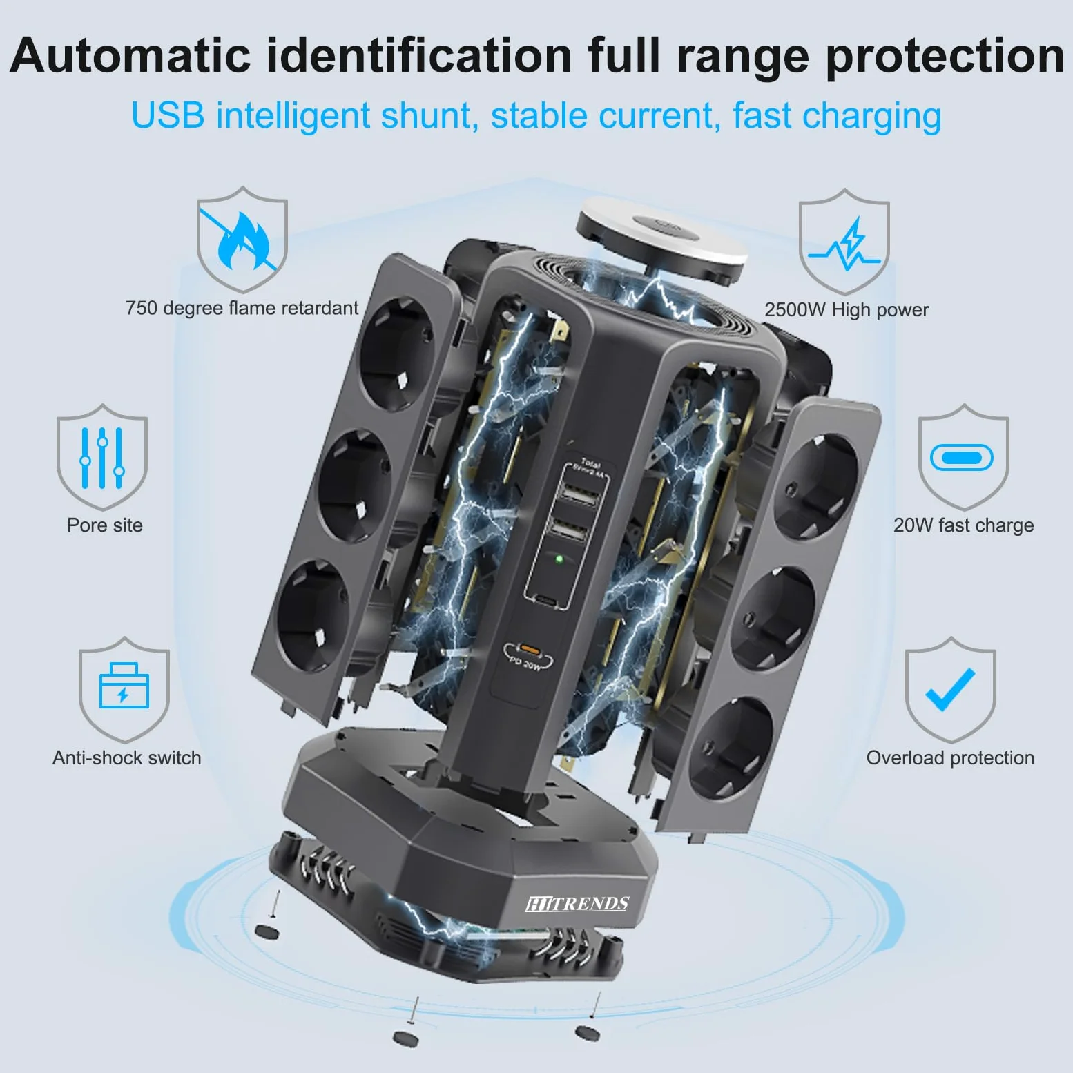 Ciabatta elettrica a 12 prese con 2 USB-A e 2 USB-C, 4000 W LED con interruttore, cavo da 1,8 m, torre con protezione da sovratensione (nero)