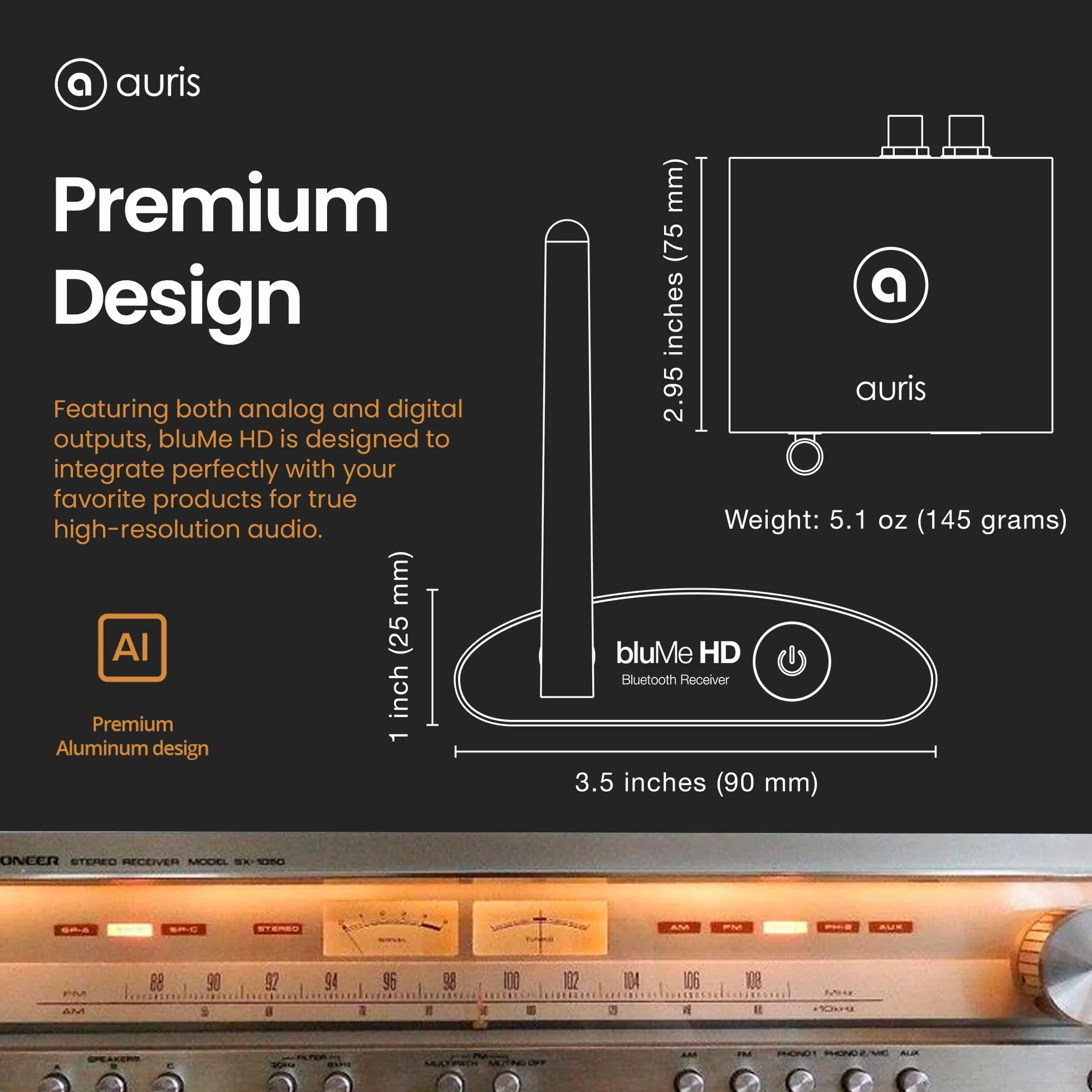 Auris Blume HD Long Range Bluetooth 5.3 Music Receiver Hi-Fi Wireless Audio Adapter with Audiophile DAC, LDAC & aptX HD for Streaming to Home Stereo, AV Receiver or Stereo Amplifier