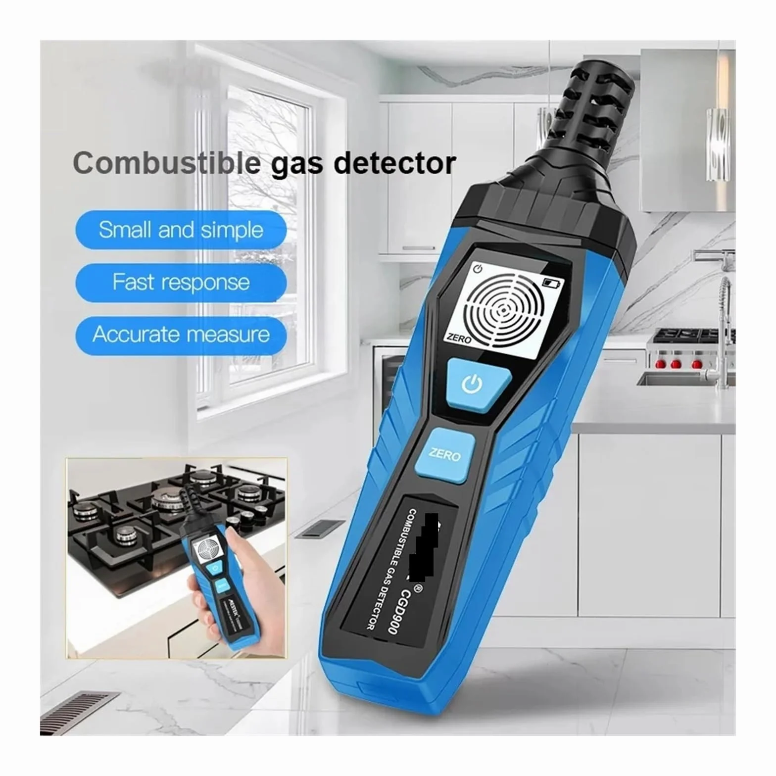 Rilevatore di gas, Rilevatore di perdite gas con LCD CGD900, allarme sonoro e schermo, 0-1000 ppm, rilevatore combustibili, infiammabili, naturali, metano, mini per lavoro e casa