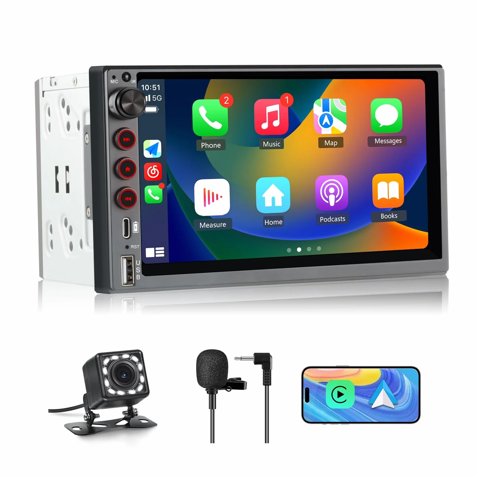Universale Autoradio 2 DIN con Schermo Wireless CarPlay & Android Auto Bluetooth FM GPS USB Tipo-C Comandi al volante