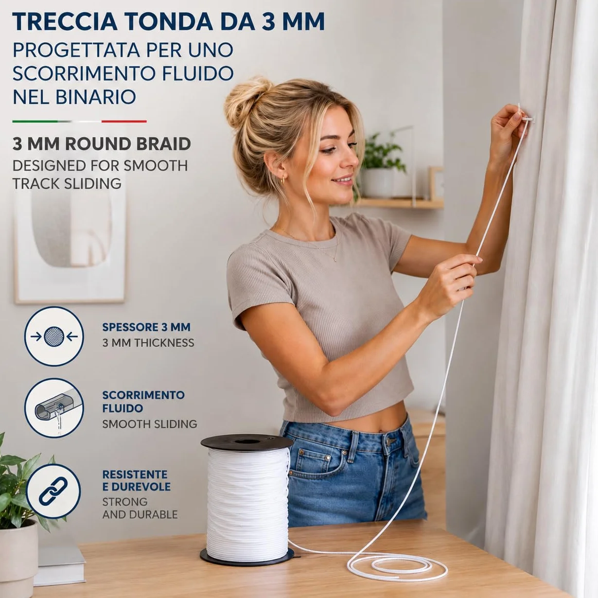 IPEA Treccia per Veneziana Bianca 3 mm in Nylon – [ 50 METRI ] – Made in Italy – Corda per Tende a Pacchetto, Mantovane, Tapparelle, Accessori, Fai Da te – Cordino Bianco Multiuso - Spessore 3 mm