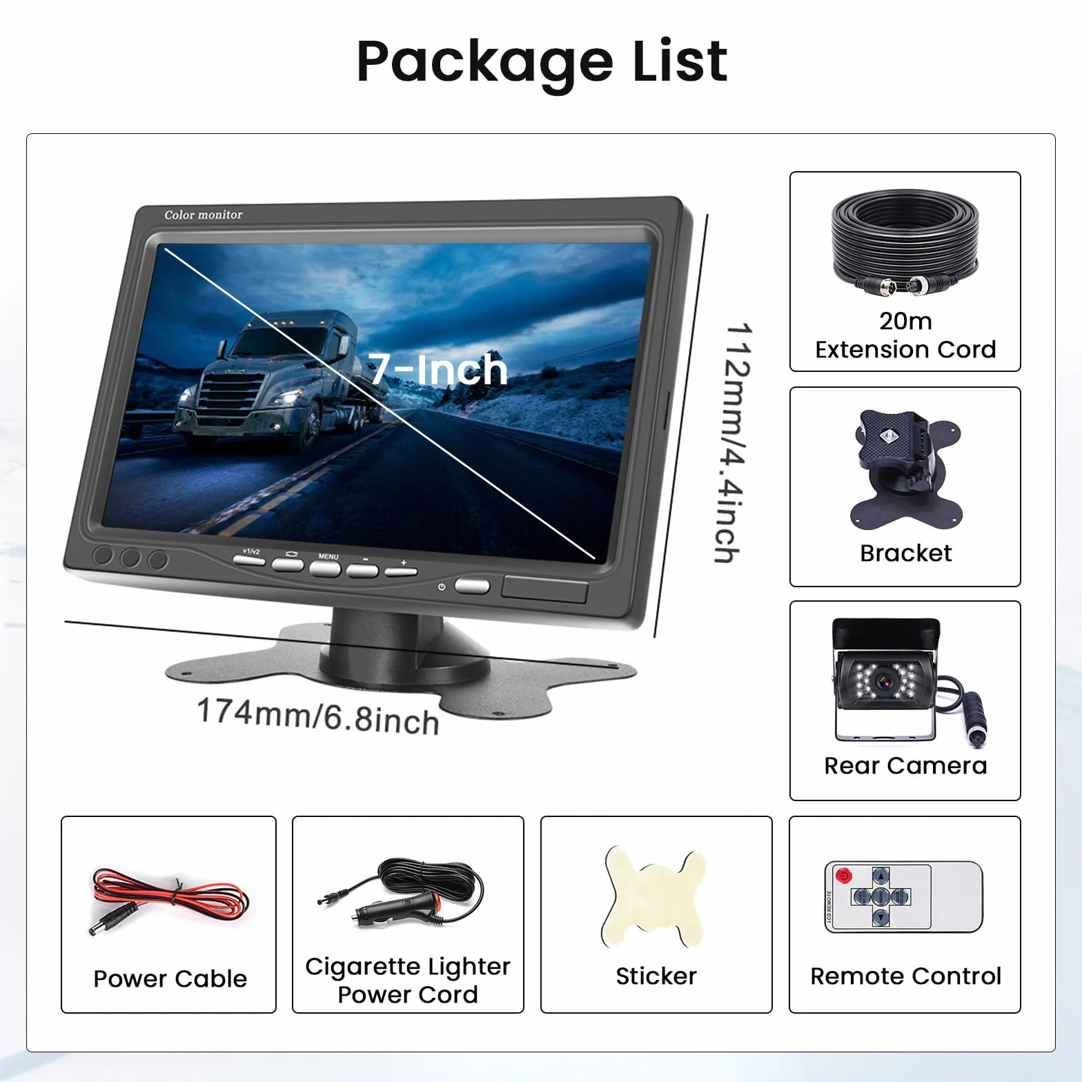 Inefala Kit Telecamera Posteriore con Monitor 7 Pollici +Telecamera di Retromarcias Impermeabile IP68 Grandangolo 170° Visione Notturna 18IR per Camion Camper Trattori 12V-24V +20M 4Pin Cavo Avionico