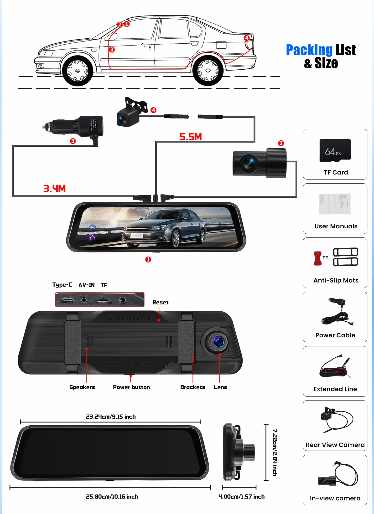 CAMECHO Mirror Dash Cam Schermo da 9.66 pollici 2K, Dashcam con TRE Telecamere: Anteriore/Interna/Posteriore -WiFi registrazione loop/sensore di gravità/assistenza al parcheggio