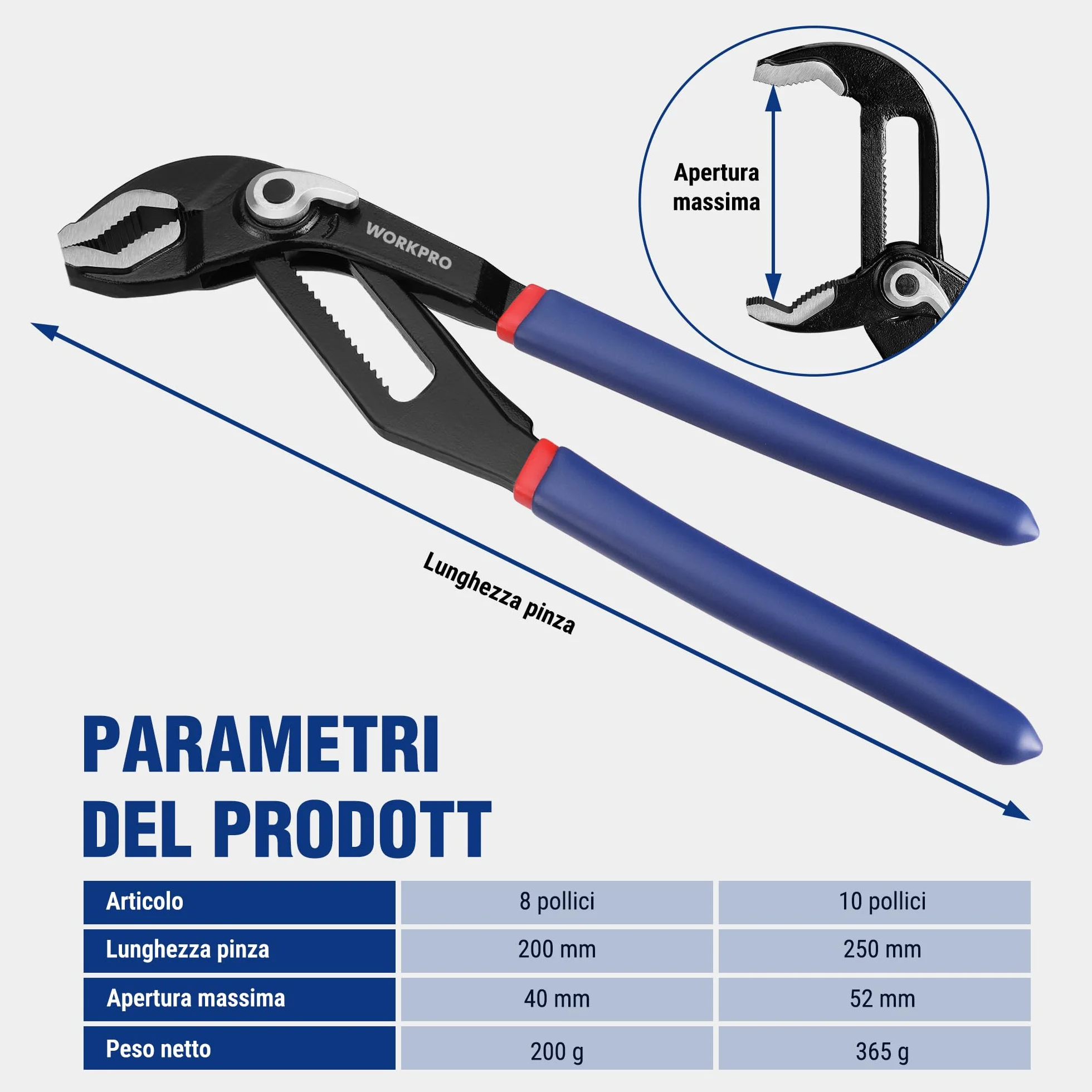 WORKPRO Pinze Regolabili per Tubi e Dadi 2 Pezzi, 200mm e 250mm