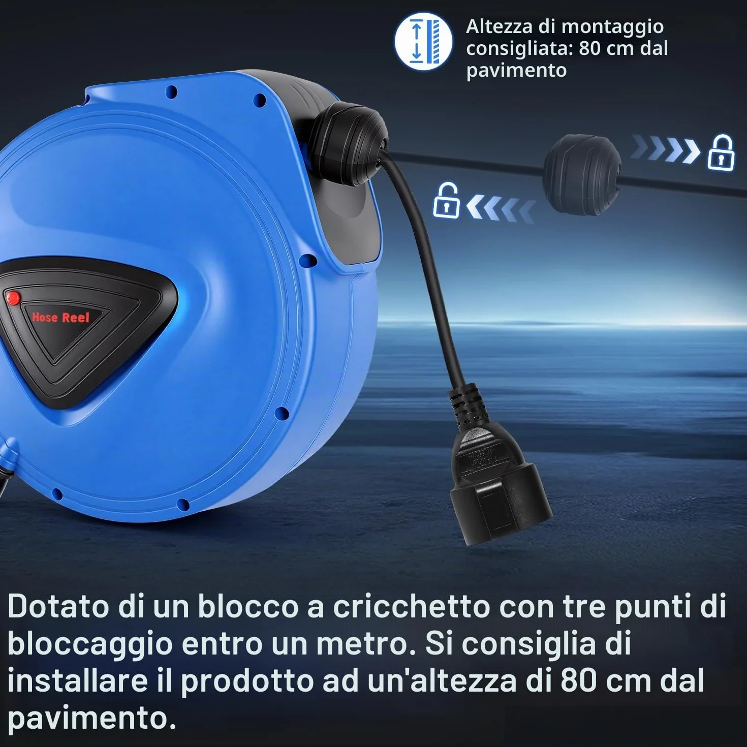 Fiqops Avvolgicavo automatico, 20 m + 1,5 m, montaggio a parete, girevole a 180°, avvolgicavo automatico per officina e stoccaggio, con funzione stop, avvolgicavo (spina singola)