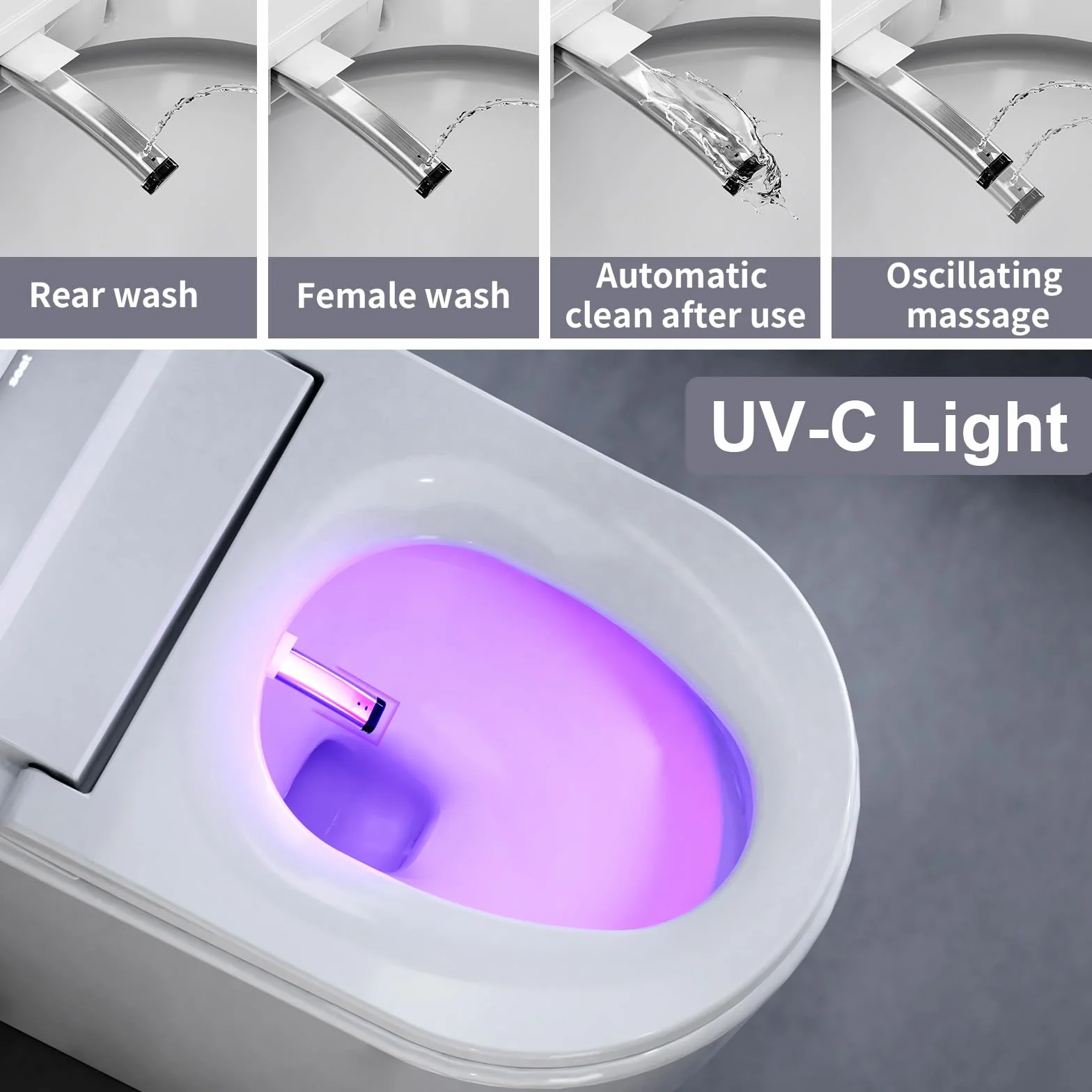 WC intelligente con bidet integrato, sedile riscaldato, luce notturna, soft-close automatico, UV-C, monopezzo