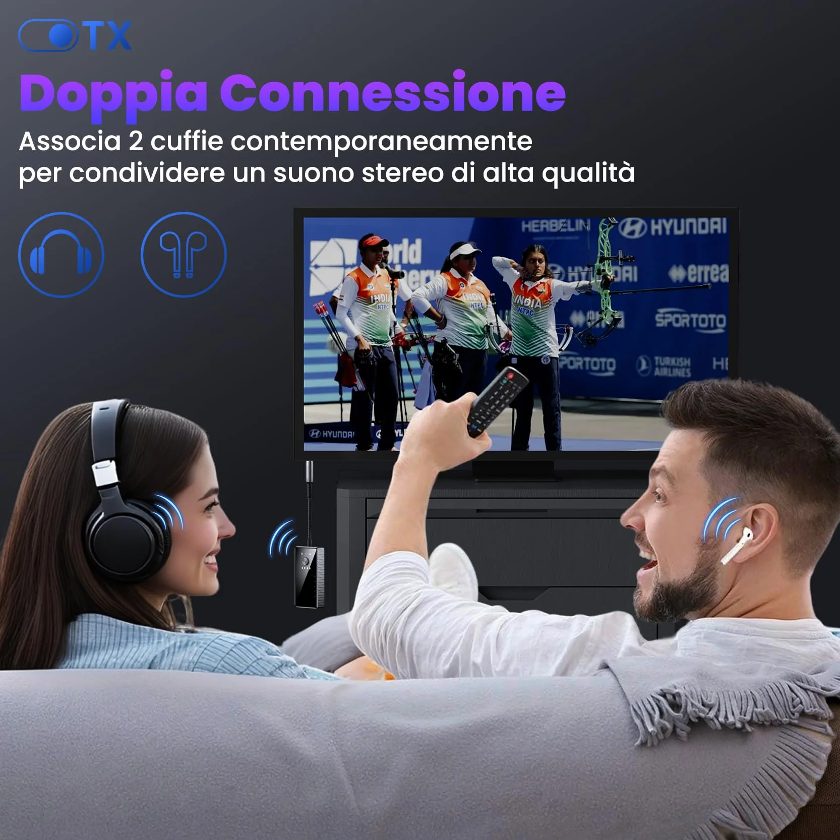Trasmettitore Ricevitore Bluetooth per TV, 2 in 1 Adattatore Bluetooth 5.2 Supporta 2 Cuffie con AptX, Audio Jack da 3.5 mm per Aereo/Auto/Amplificatore/Palestra