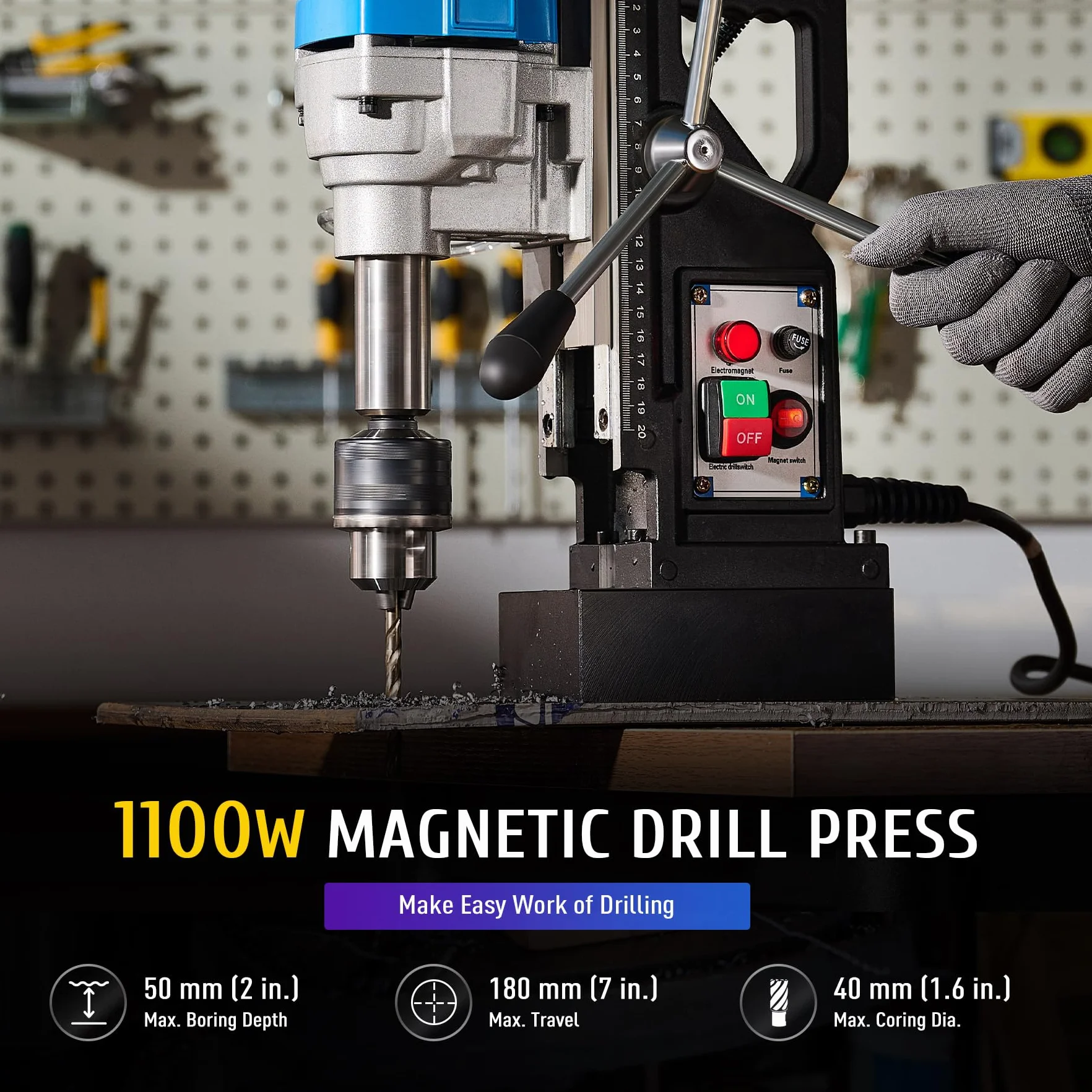 Trapano Magnetico Portatile 1100W 12000 N 40 mm Profondità 50 mm Elettrico Industriale