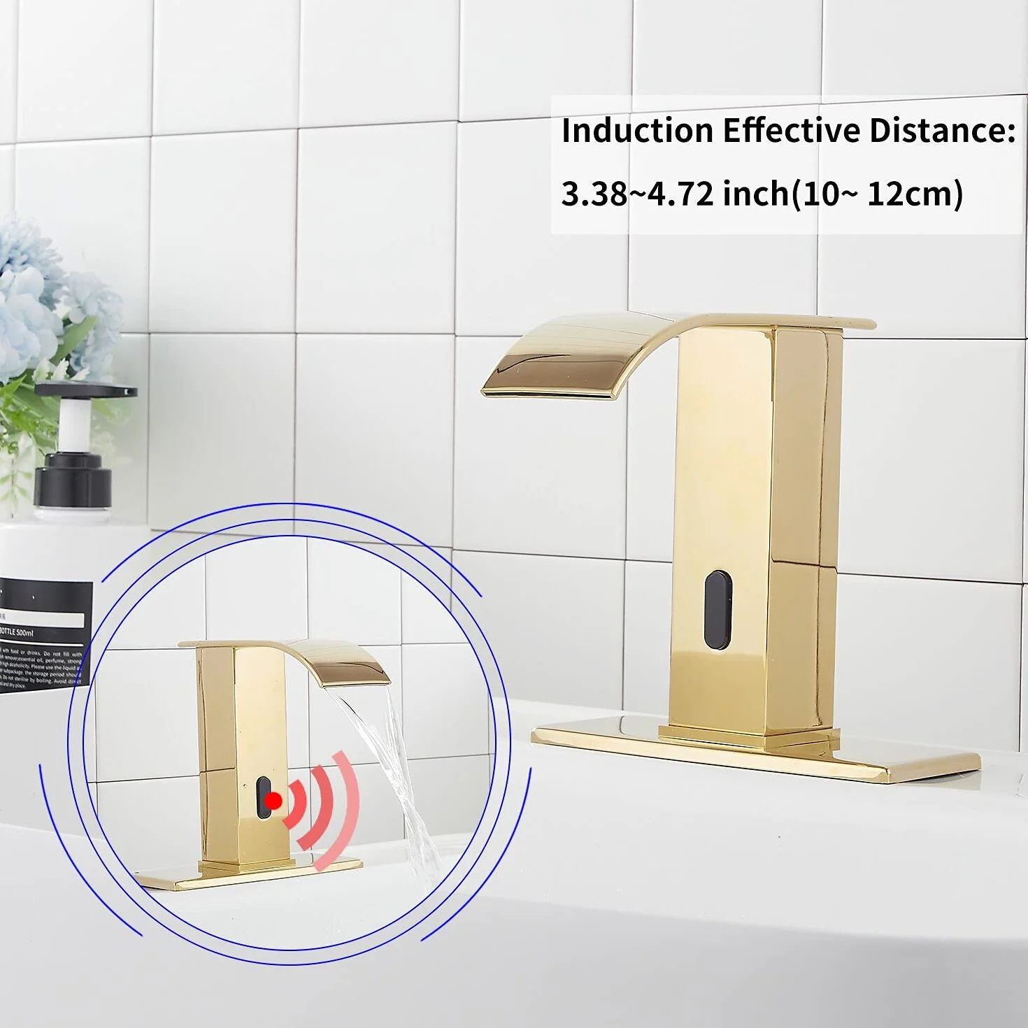Oro Lucido Bagno Rubinetto Touchless Sensore Automatico Lavandino con Coperchio Foro Rubinetto Vanity Mani Free Cascata Scatola Controllo Miscelatore Temperatura
