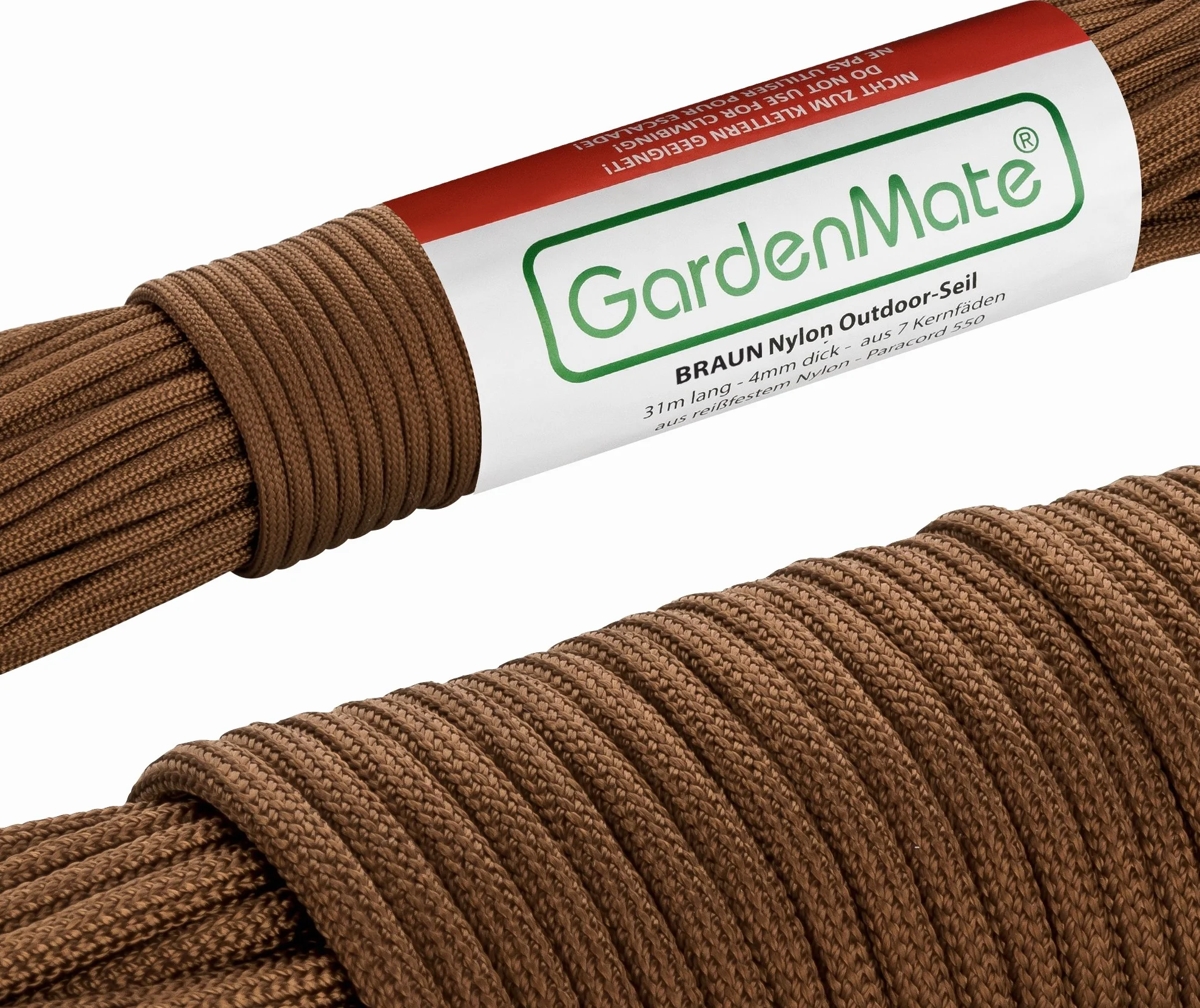 GardenMate Paracord 550 Corda di Nylon per Uso Esterno – Disponibile in DIVERSI COLORI – Lunghezza 31 m Spessore 4 mm – Corda Kernmantel Composta da 7 Fili di Nylon Resistente agli Strappi