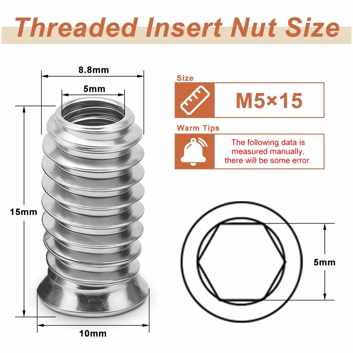 Drenky Dadi di Avvitamento 40 Pezzi - Zincati M5x15mm Inserti Filettati per Legno con Boccole Filettate e Dado Esagonale per Mobili in Legno Durevoli, Argento