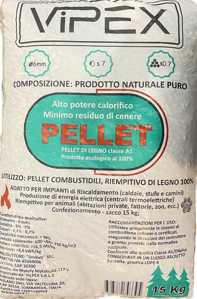 Pellet di Legno Classe A1 15 kg 6mm Alto Potere Calorifico