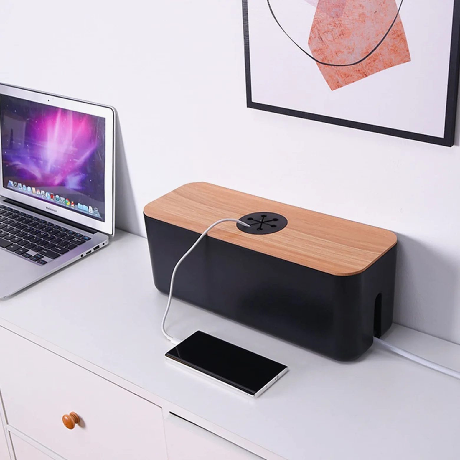 Scatola per Cavi Scatola di stoccaggio del Filo con Coperchio di Legno, Scatola di stoccaggio del Cavo della Rete del Cavo del Telefono Cellulare, Gestione del Caricatore della Famiglia Tipo Nascosto