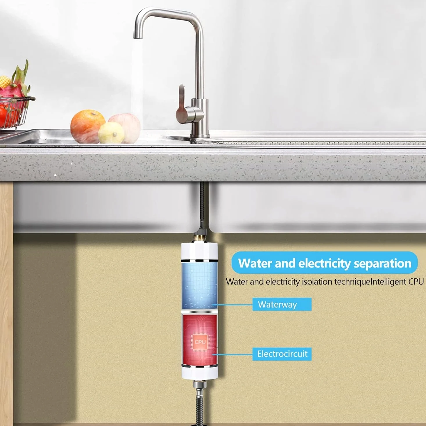 Mini scaldacqua elettrico istantaneo, Mini scaldabagno istantaneo senza serbatoio per bagno e cucina, spina EU 220V (bianco 3500W)