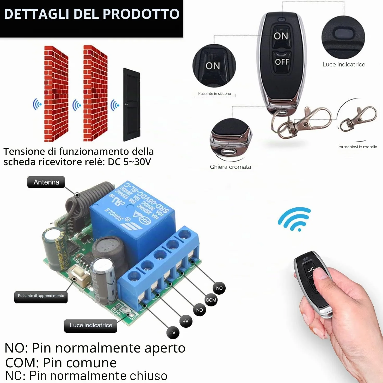 DieseRC Interruttore telecomando senza fili 433 MHz 1 canale Ricevitore relè 5V 12V 24V con 5 Trasmettitori