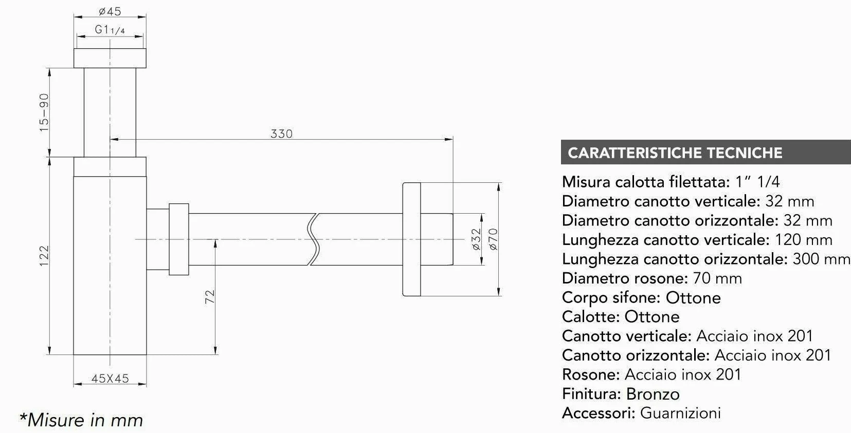 Damast - Sifone per lavabo Standard Colore Acciaio Spazzolato connessione 1" 1/4 18219 - RUB7535 - Acciaio Spazzolato