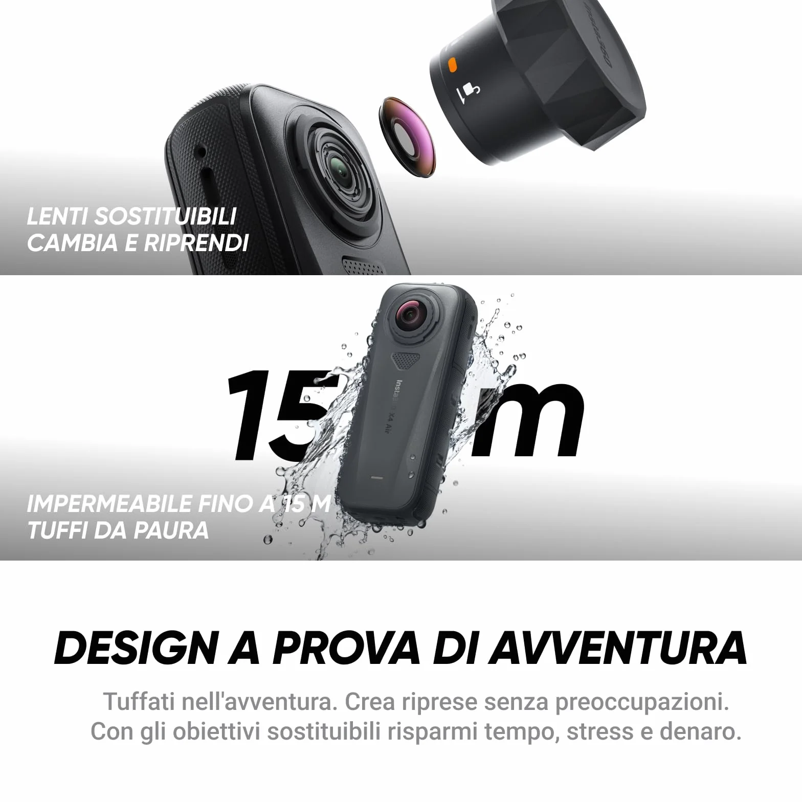 Insta360 X4 Air, Videocamera 8K 360 leggera 165g, Selfie stick Invisibile, lenti sostituibili, cover antivento integrata, prima registri poi inquadri, Pack Starter
