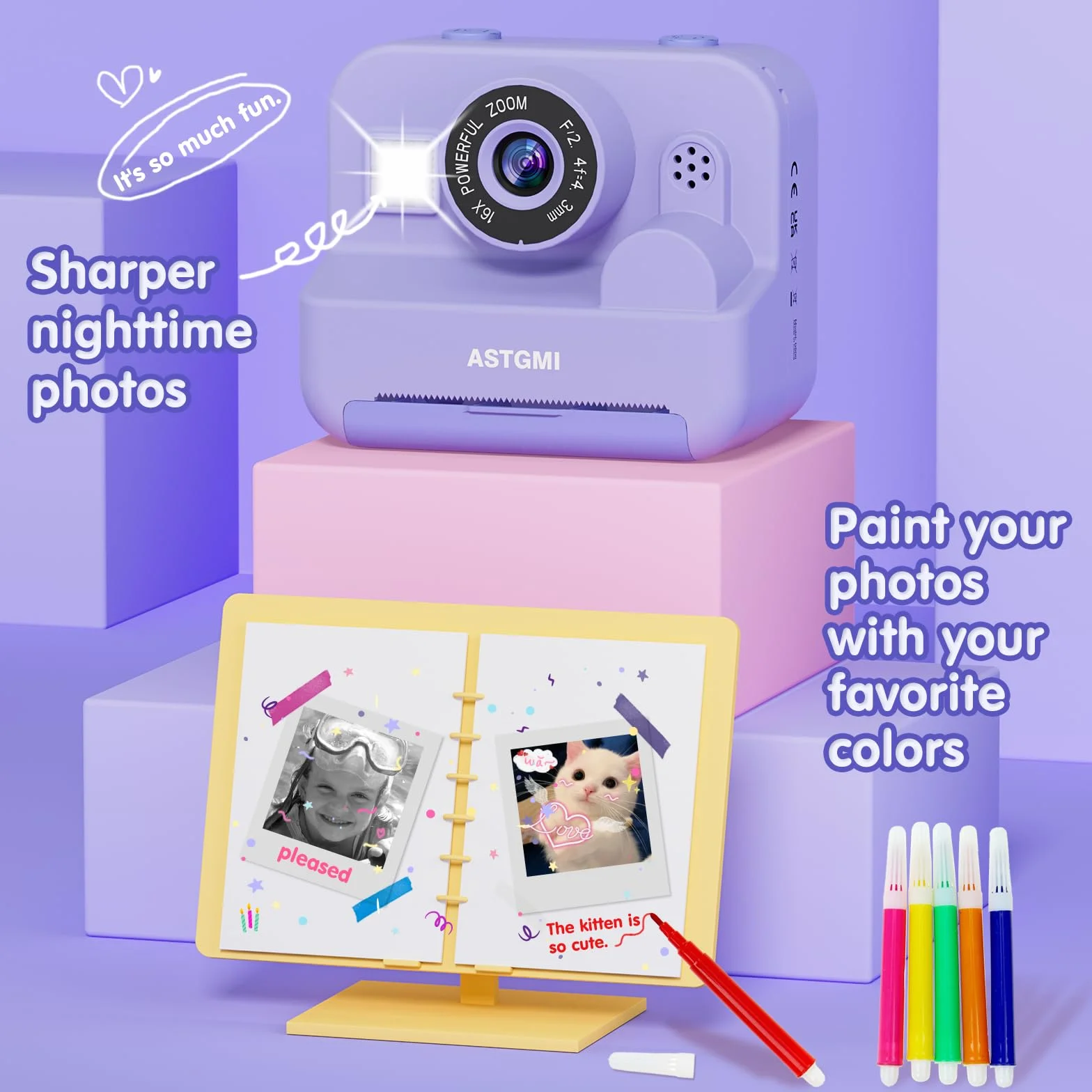 Fotocamera istantanea per bambini con selfie, fotocamera per bambini, 1080P, stampa istantanea HD, regalo di compleanno, regalo di Natale, giocattolo a partire da 3, 4, 5, 6, 8, 7, 9, 10 anni (viola)
