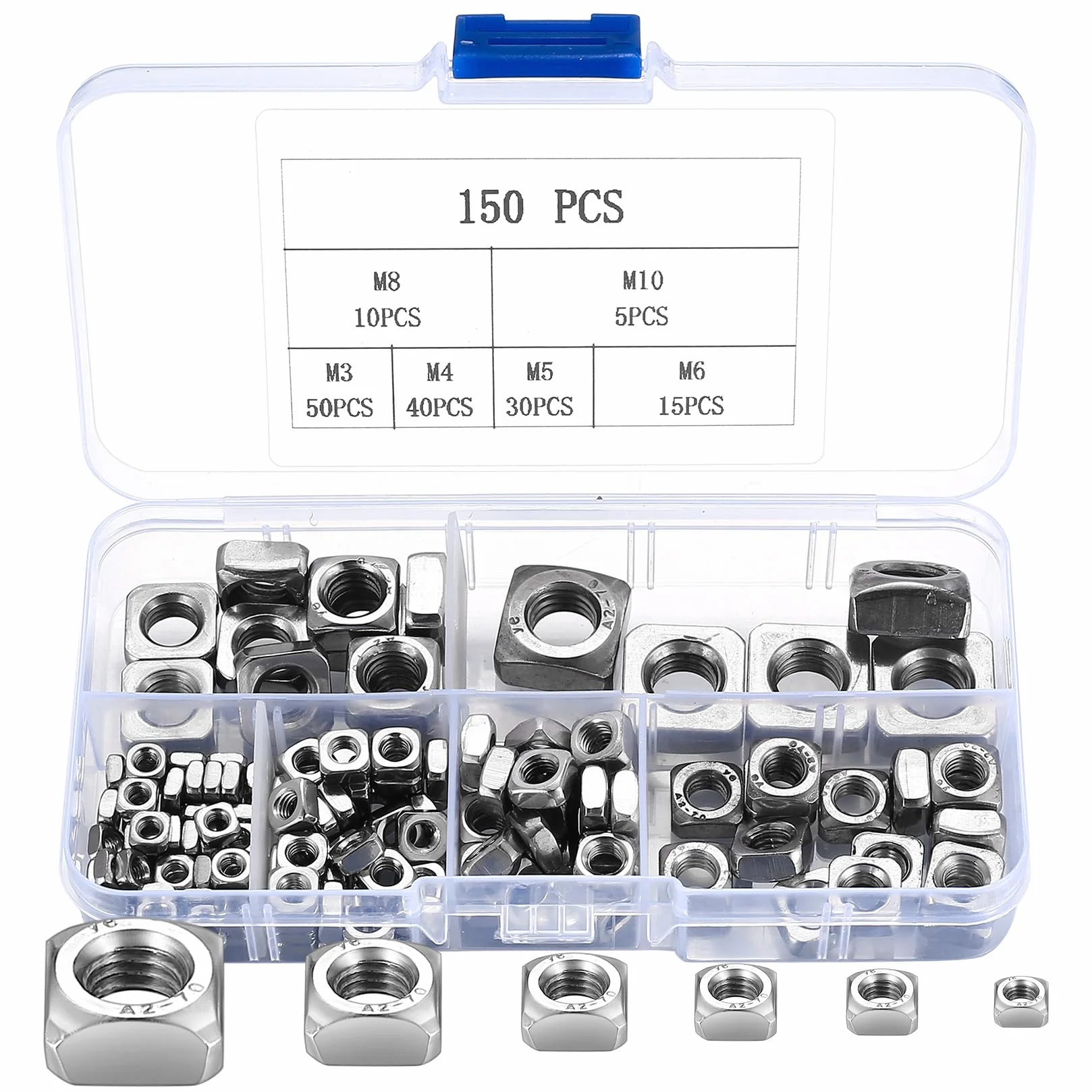 Set di 150 Dadi Quadrati in Acciaio Inossidabile M3 M4 M5 M6 M8 M10