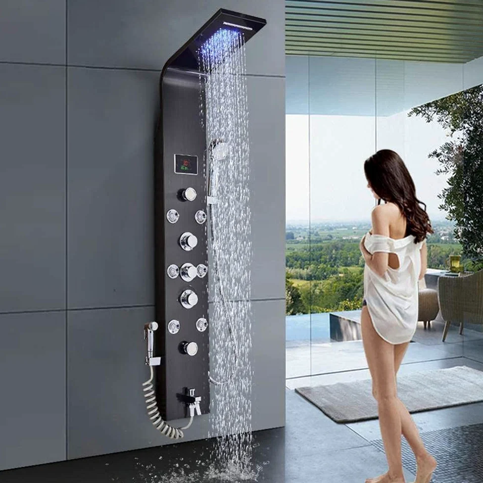 Pannello Doccia LED con Miscelatore a 6 funzioni, Display della Temperatura, Cascata, Massaggio del Corpo e beccuccio per Vasca da Bagno