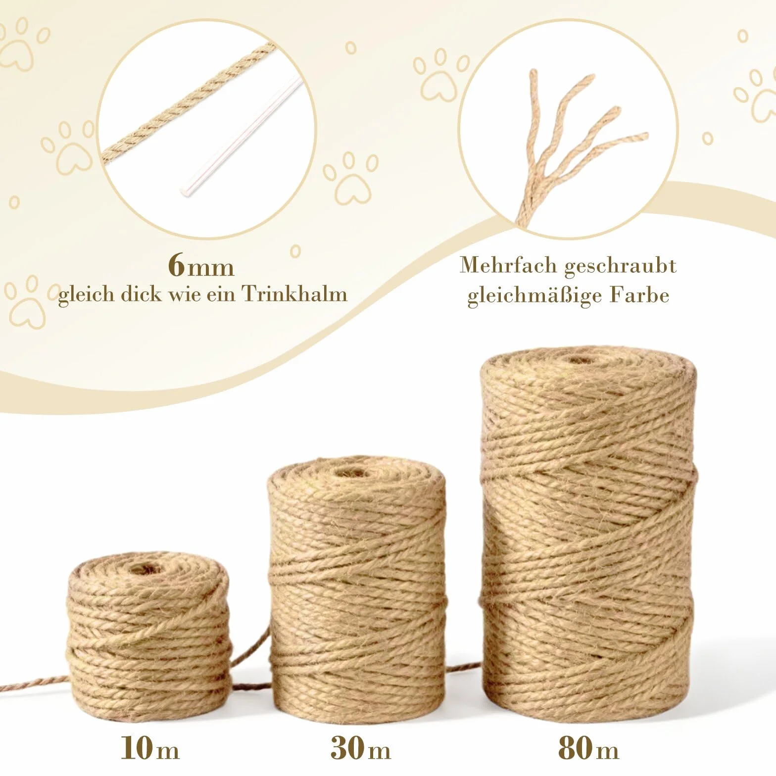 Corda in sisal per tiragraffi, 6 mm x 10 m, per tiragraffi di gatti, fai da te, decorazione per la casa (10 m)