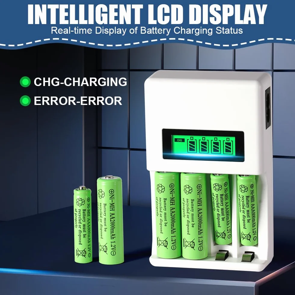AXFEE Caricabatterie per Pile Ricaricabili, AA AAA Batterie Caricabatteria, Schermo LCD può visualizzare la capacità, adatto per batteria al litio da batteria Ni-Mh/Ni-Cd1,2 V
