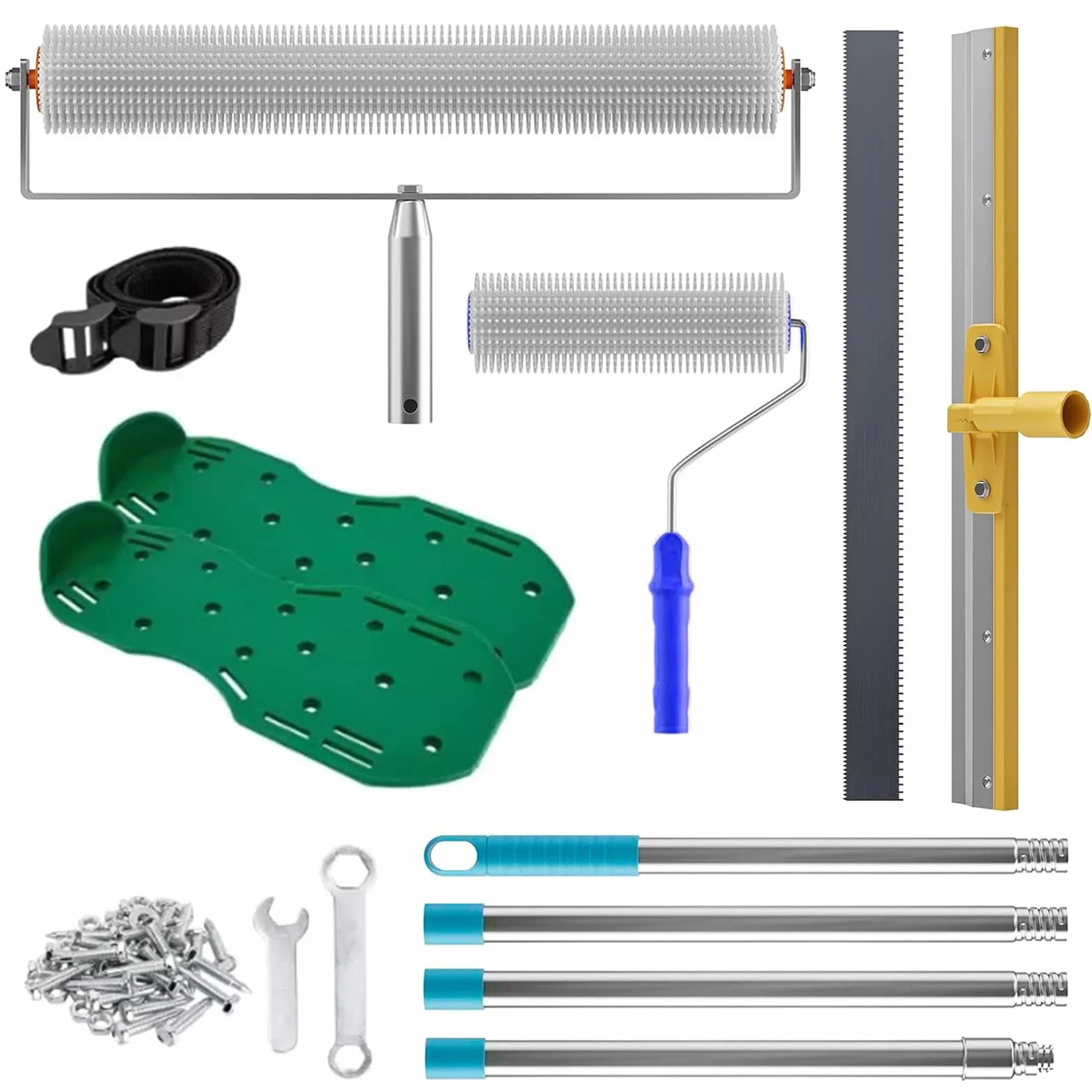 Set di attrezzi per il rivestimento del pavimento, composto di compensazione con rullo di sfiato da 50 + 10 cm, spatola da 56 cm (spina obliqua da 3 mm), scarpe per unghie e manico telescopico 40