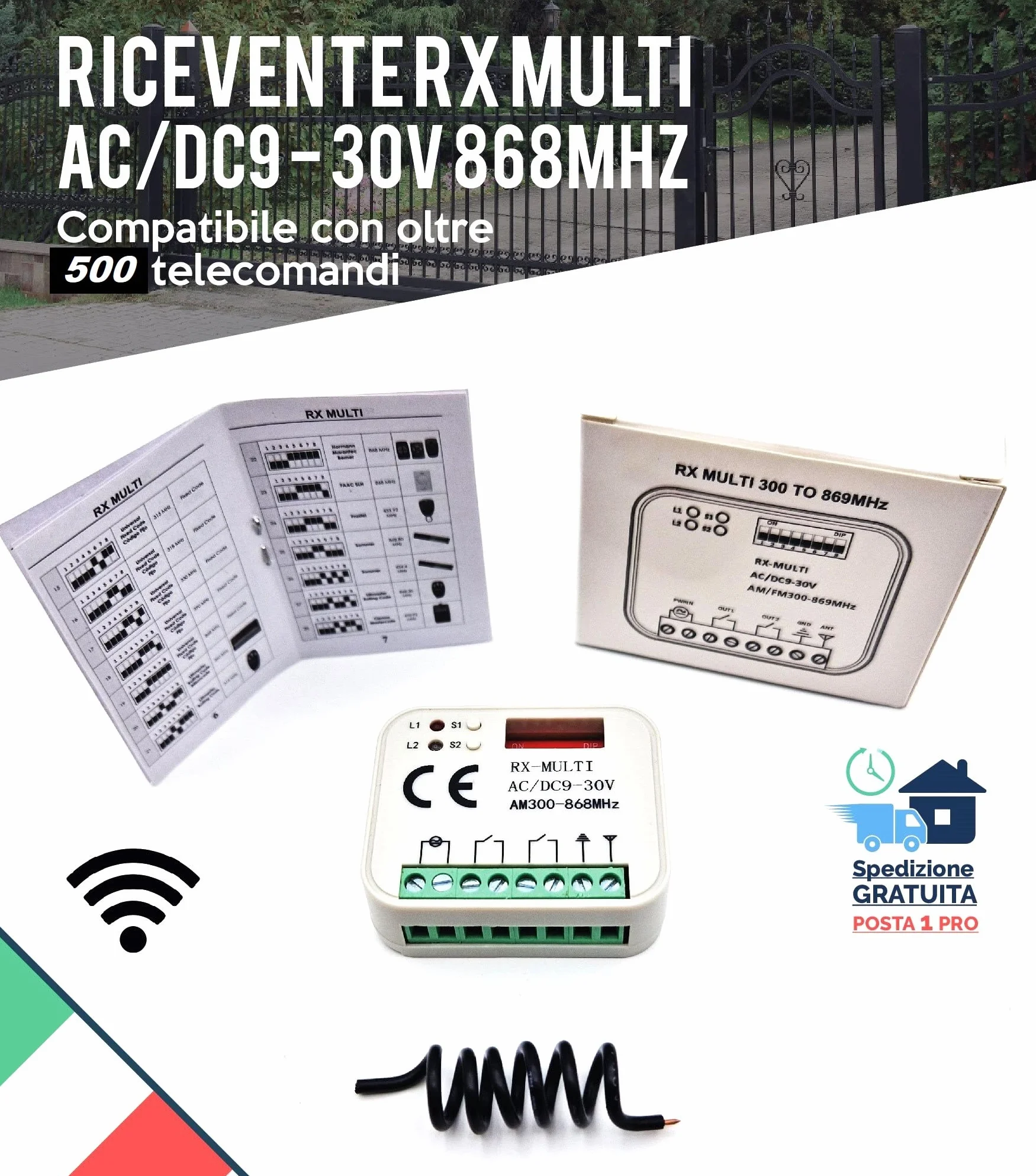 RICEVENTE CENTRALINA RADIO UNIVERSALE CON TELECOMANDO 2 CH 433 868 MHZ AC/DC
