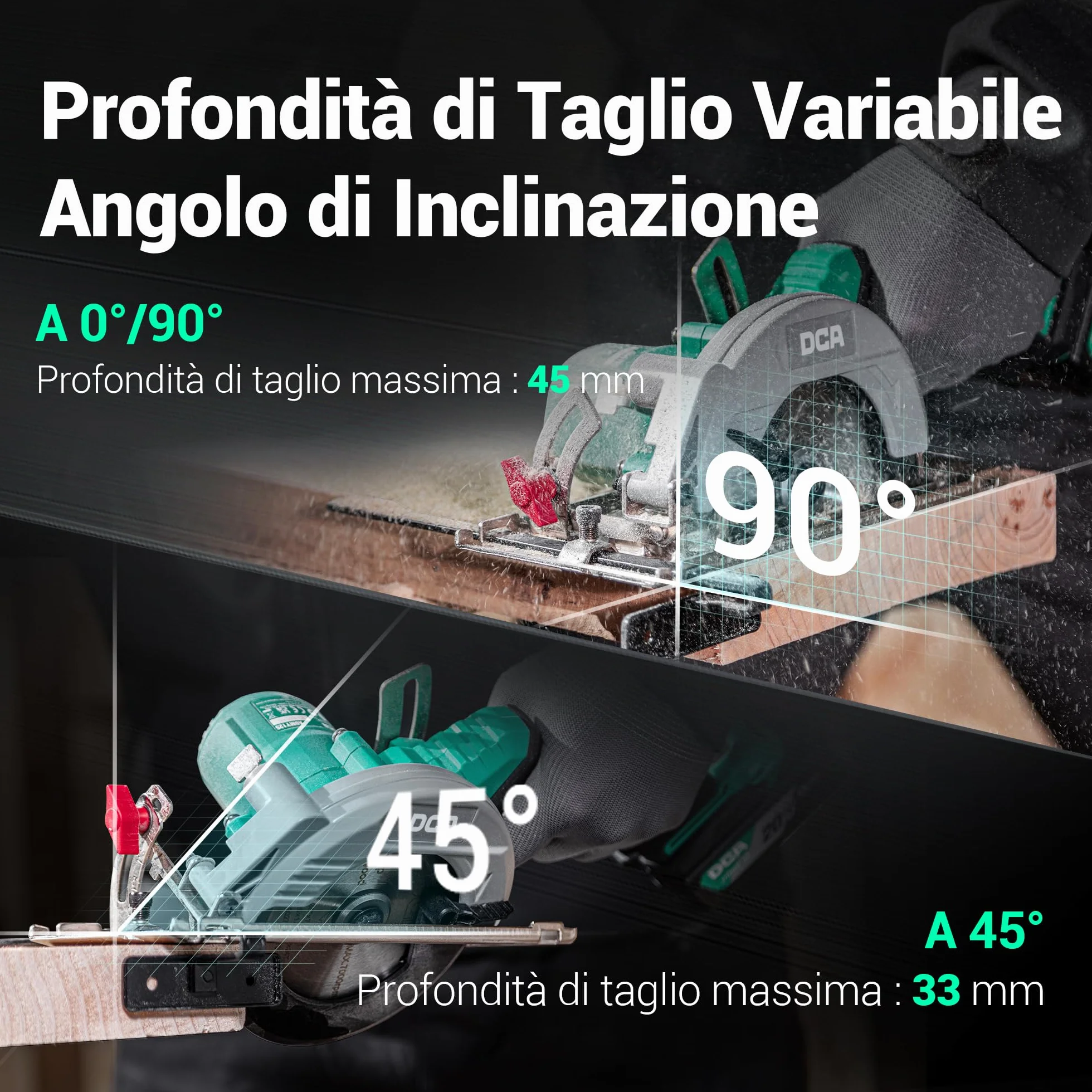 DCA Sega Circolare Mini Senza Spazzole, 2 Velocità 6700/4200 Rpm con 20V 4,0Ah Batteria, 3 Lame Ø125mm e Guida, Profondità Taglio 45mm(90°)/33mm(45°), Per Legno, Plastica, PVC