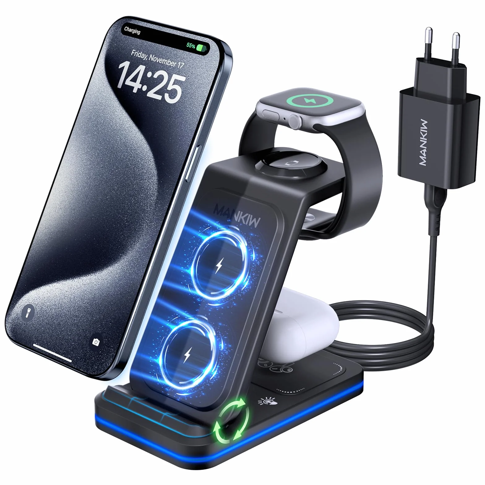 3 in 1 Stazione Ricarica per iPhone 17/16/15/14/13/12/XS/X/8 serie,MANKIW Caricabatterie Wireless per i-Watch 11-2 serie, per Air Pods 3/4/Pro 2