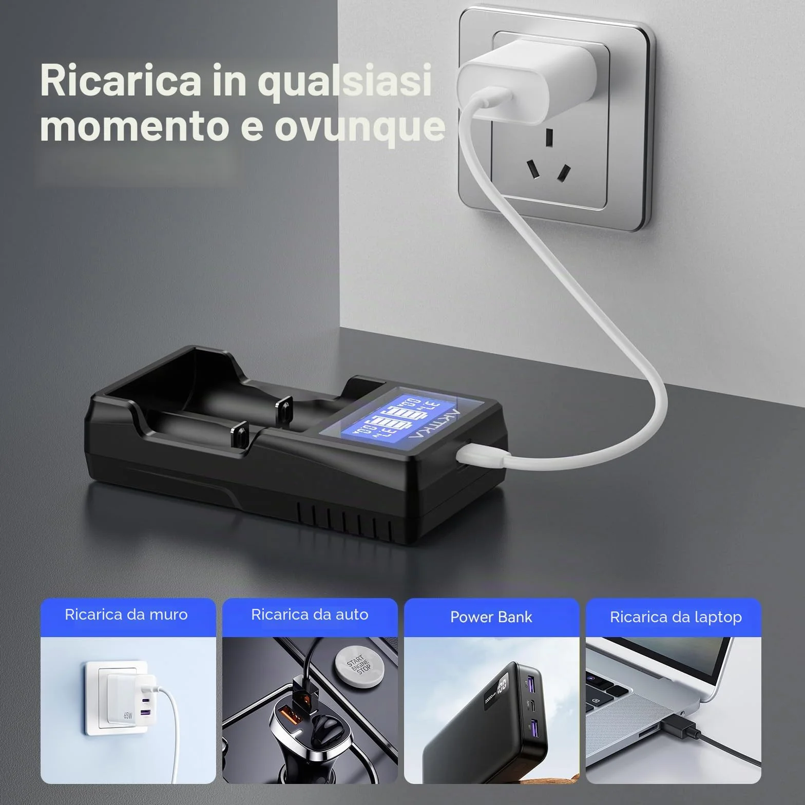 Caricabatterie Intelligente con Schermo LCD e Ricarica Rapida 5V/2A, Compatibile con Batterie Li-Ion 18650/21700/20700/26650 e Ni-MH/Ni-Cd AA/AAA/C, con Porta Type-C