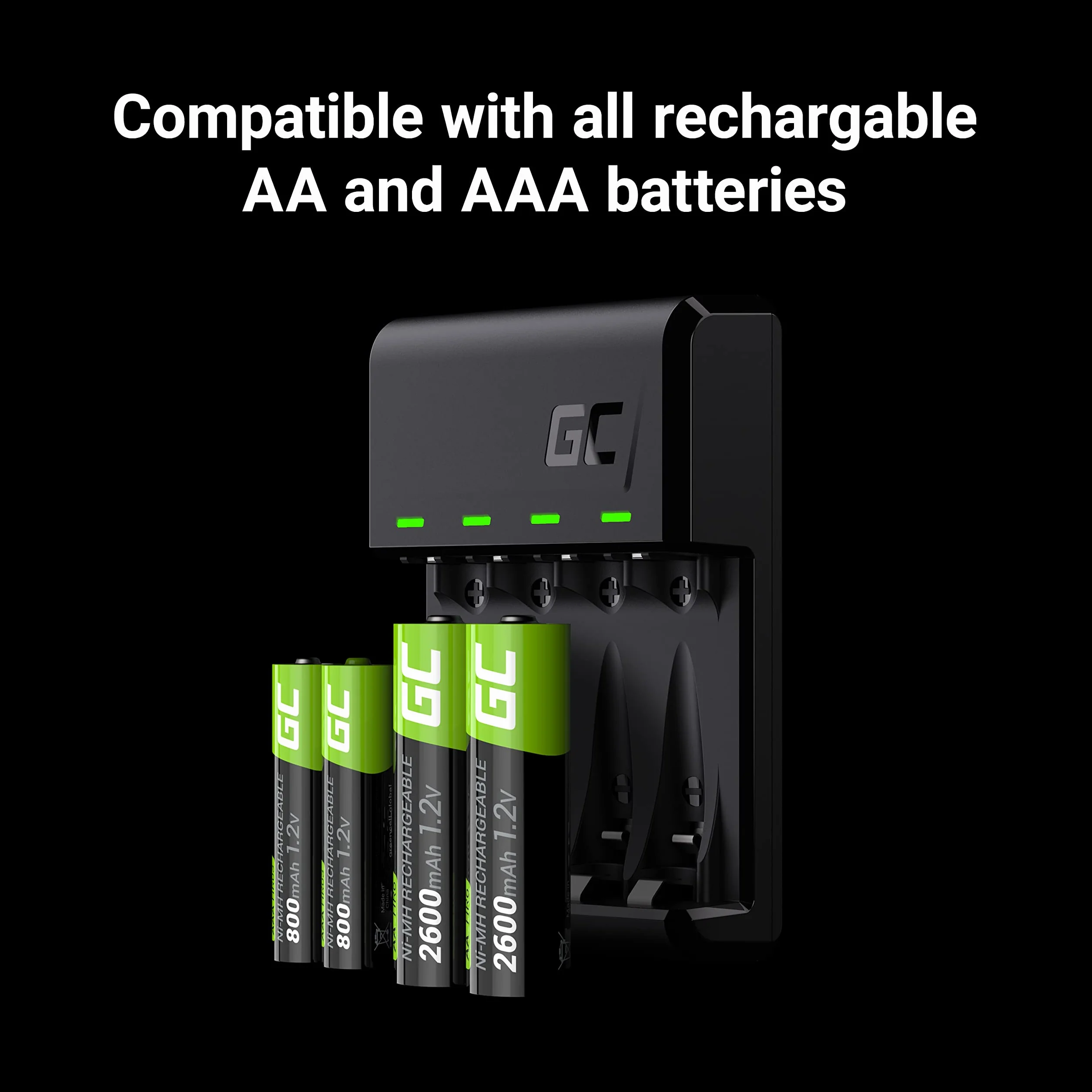 Green Cell VitalCharger - Caricatore + 2 Batterie AA 2000 mAh + 2 Batterie AAA 800 mAh per NI-MH AA AAA R6 R03 Mignon con Micro USB-C. Sistema di Ricarica a 4 Canali - Ricarica da 1 a 4 AA o AAA, LED