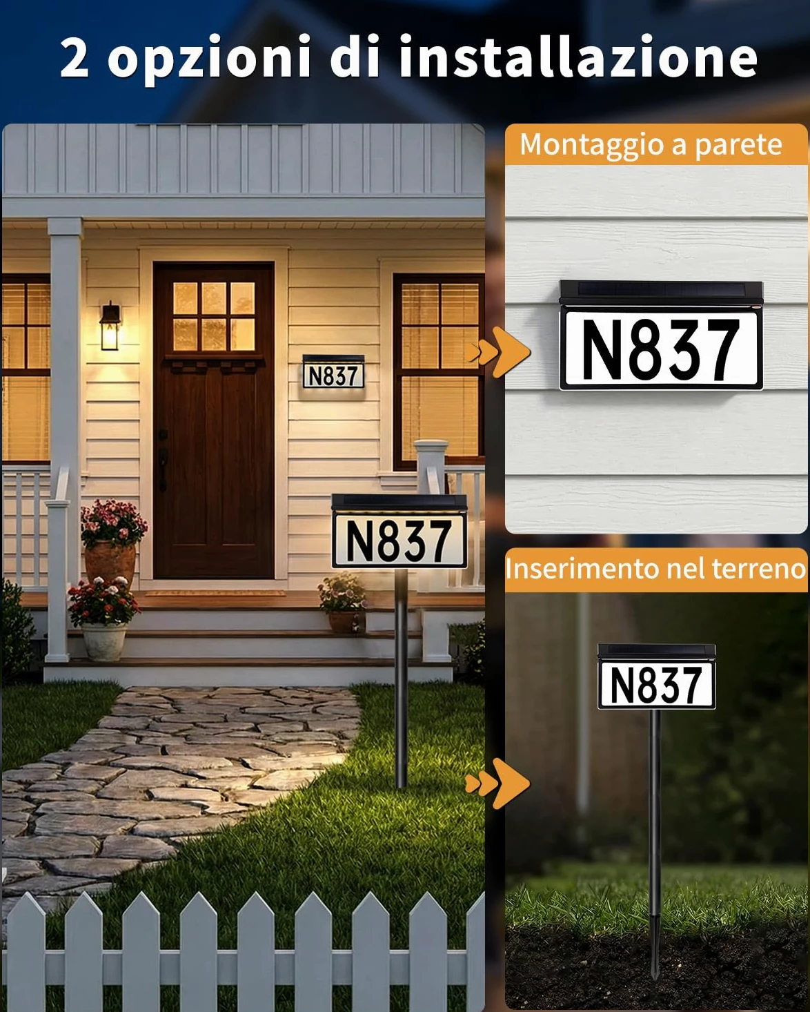 Lampada Solare per Numero Civico, 56 LED, IP65 3000K/4500K/6000K | batteria 2000mAh, montaggio a piolo o parete, include 26 lettere e 30 numeri, ideale per ingresso e giardino