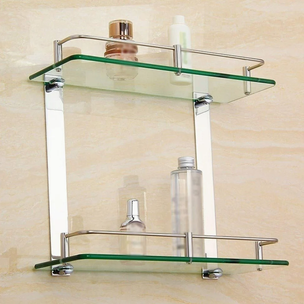Mensole da bagno in vetro temperato con binario, 400 mm, in acciaio inox, installazione senza punzonatura, soluzione salvaspazio per bagni moderni