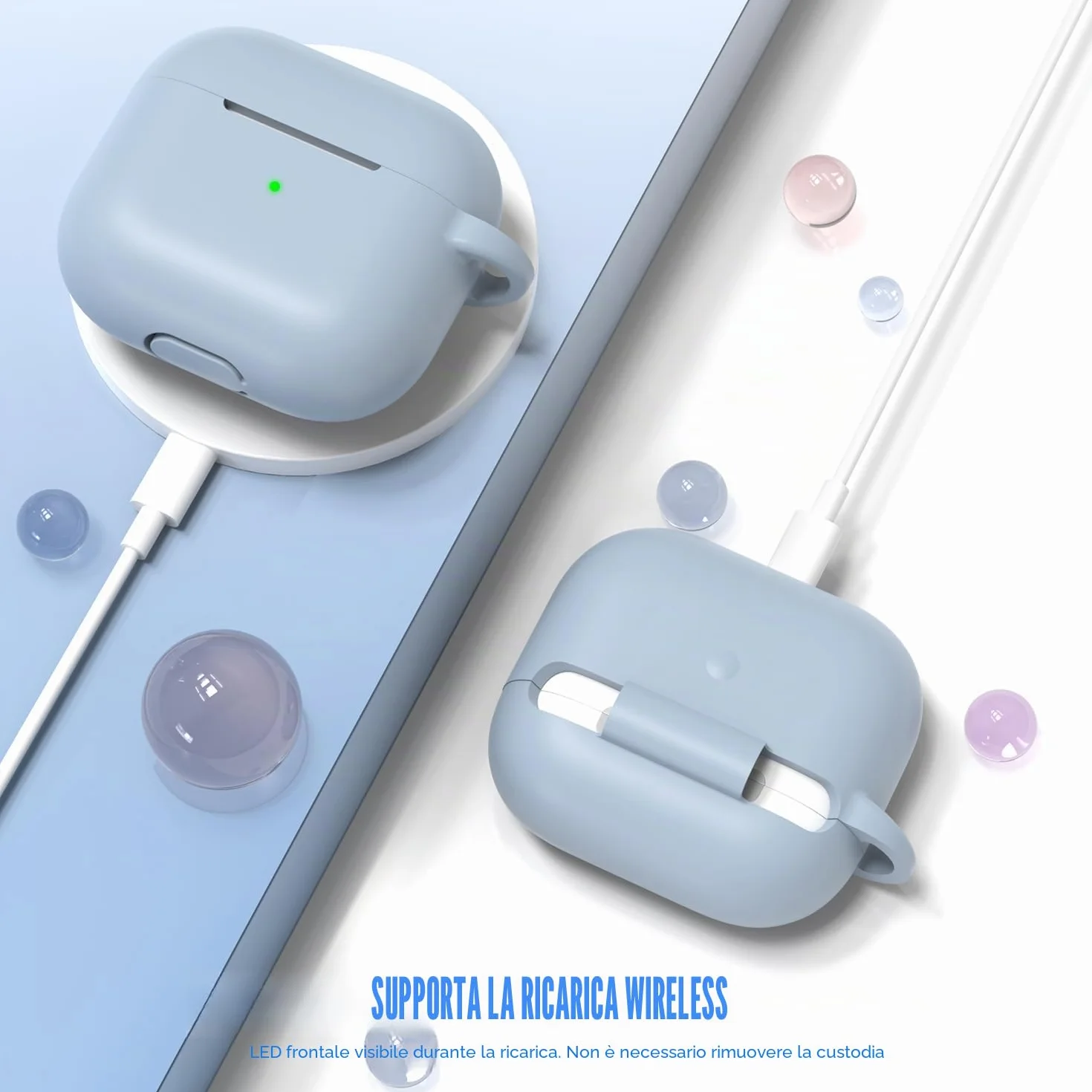 Custodia per Airpods 3a generazione 2021,Custodia protettiva in morbido silicone per Airpods 3 con LED visibile sulla parte anteriore,con kit di pulizia,Azzurro cielo
