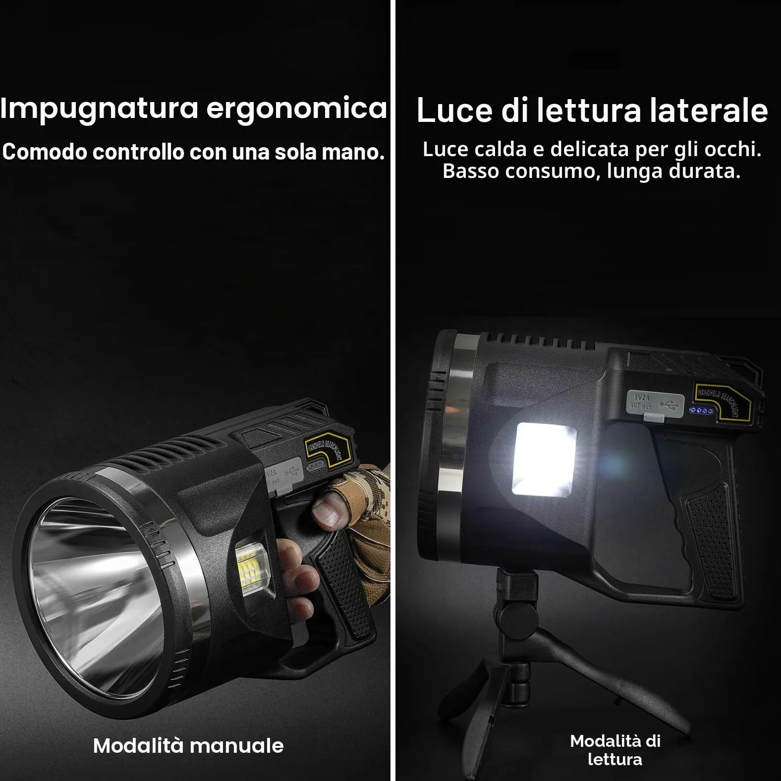 Torcia LED Ricaricabile con Proiettore - 1500 Lumen Super Luminosa, 6 Modalità, IPX7 Impermeabile, 4500mAh 25H, Luce COB, Treppiede Regolabile per Esterno, Sicurezza, Emergenza