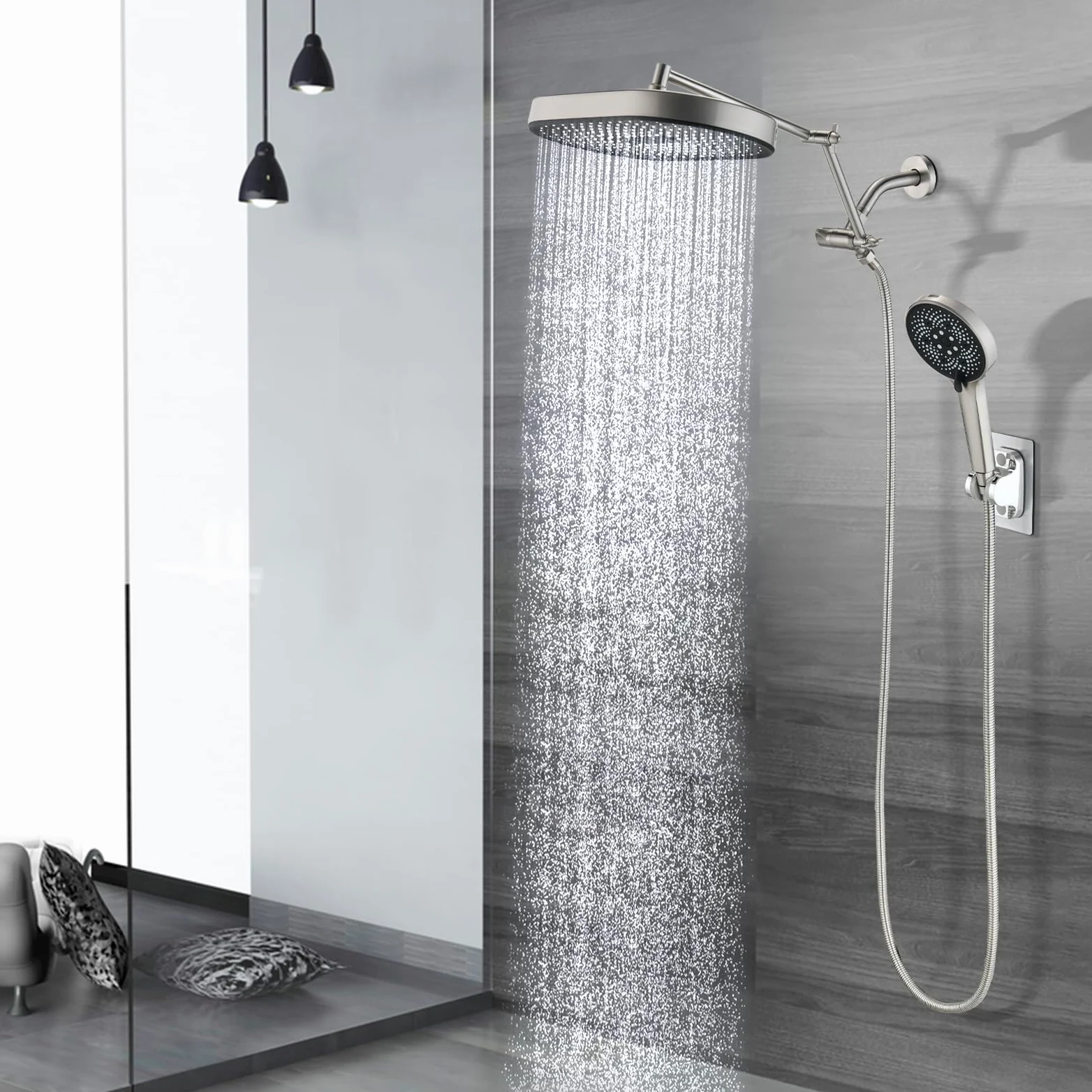 PDPBath Soffione doccia a pioggia da 35,5 cm con 5+1 impostazioni, soffione doccia a pioggia ad alta pressione con braccio di estensione regolabile da 40,6 cm, tubo extra lungo da 200,7 cm, deviatore