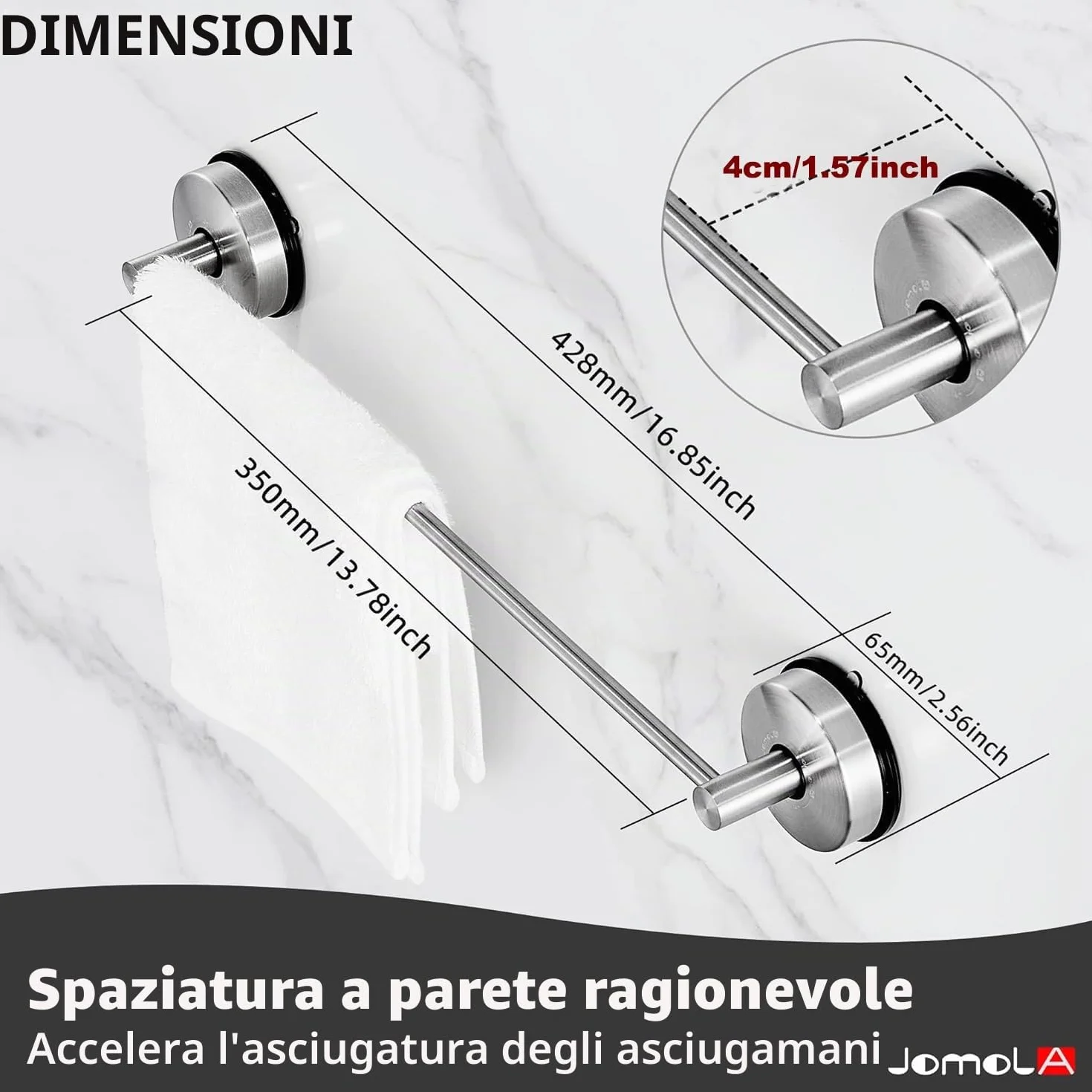 Porta Asciugamani Bagno Acciaio Inossidabile 42,8CM Ventosa Finitura Spazzolata
