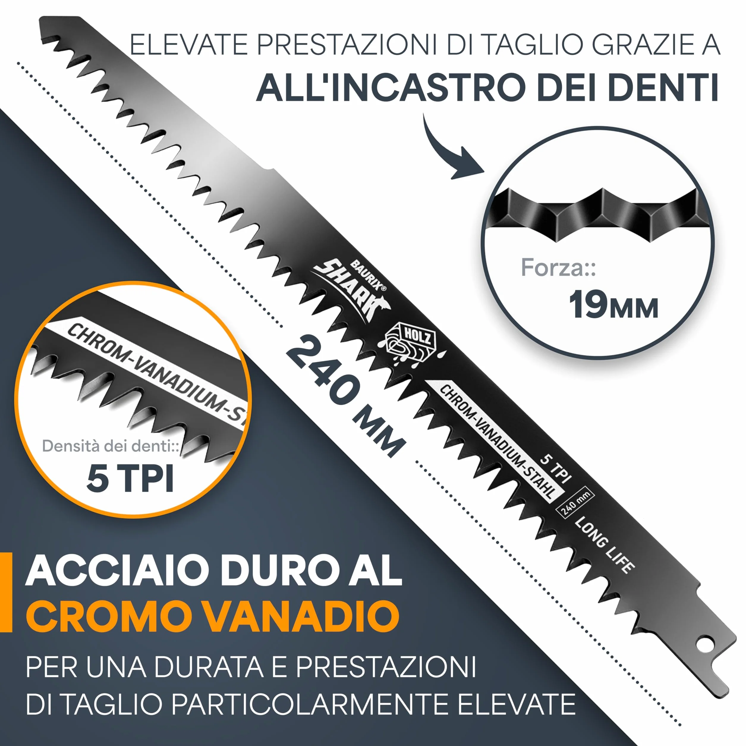 BAURIX® Lame per Seghetto SHARK® [5 Pezzi] - 240 mm - 5 TPI - Per Tagli Veloci e Puliti su Legno Grezzo, Umido, da Ardere e Vivo