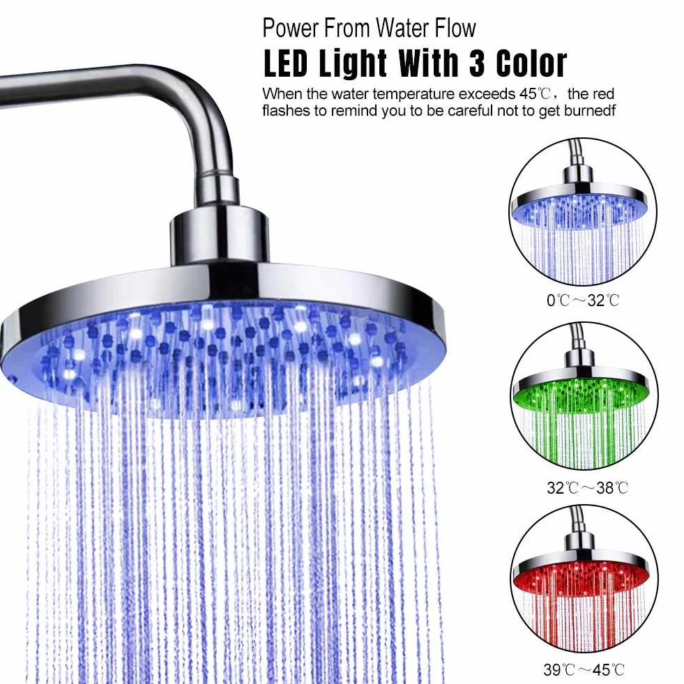 Soffione doccia a pioggia, soffione doccia a LED rotondo da 8 pollici con 3 luci controllate dalla temperatura di colore che cambiano automaticamente soffione doccia da bagno ad alta pressione con pio