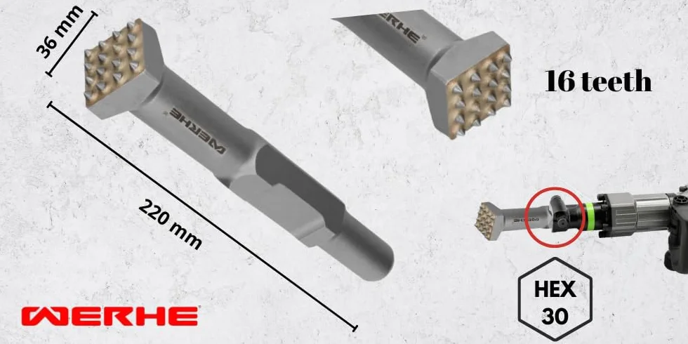 WERHE Bocciardatore HEX30 16 denti 220 mm Quadrato per Calcestruzzo