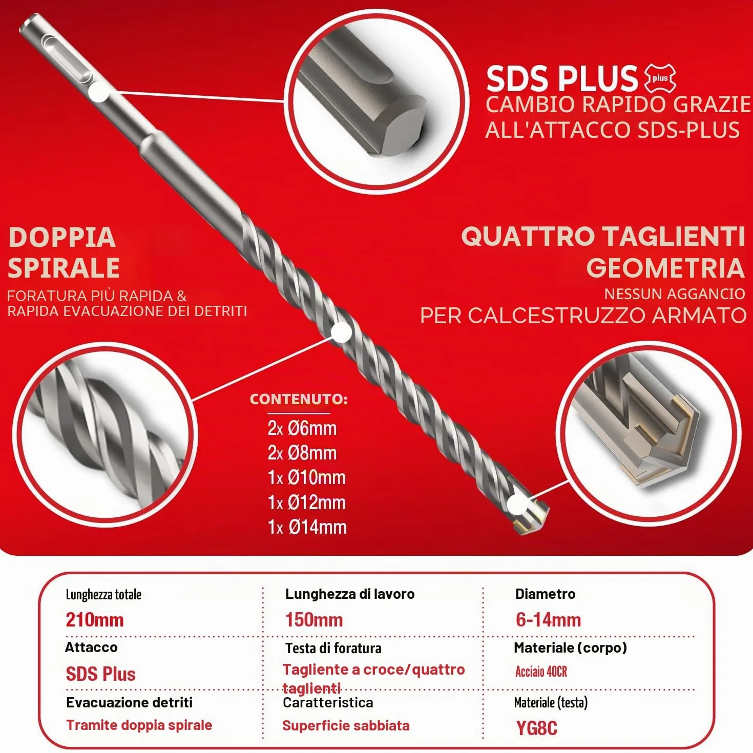 SCHWABENBACH Set Punte Trapano SDS Plus 7 Pezzi Ø 6-14 mm x 210 mm per Calcestruzzo e Pietra Compatibile Bosch Hilti Metabo