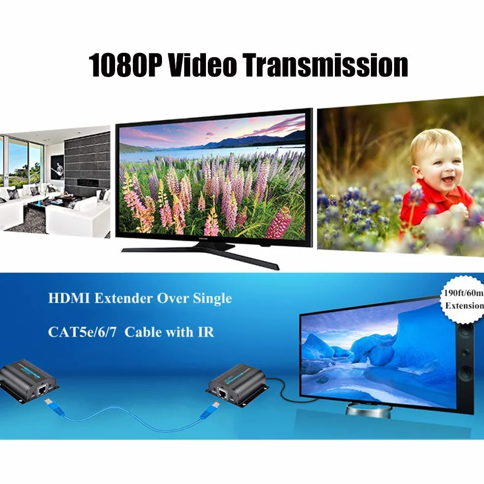 AGPTEK 1080P Estensore HDMI su CAT6/7/8 fino a 60m a 1080p, supporta Deep Color, 3D con telecomando IR (LKV372A)