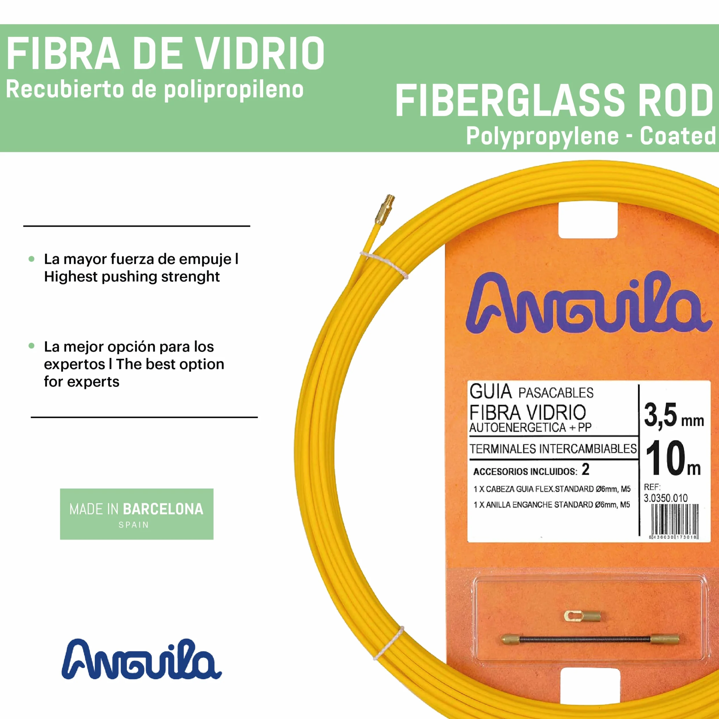 Anguila | Guida Passacavi | Fibra di Vetro Rinforzata + Propilene | Terminali Intercambiabili | Colore Giallo | Diametro 3,5 mm | 10 metri