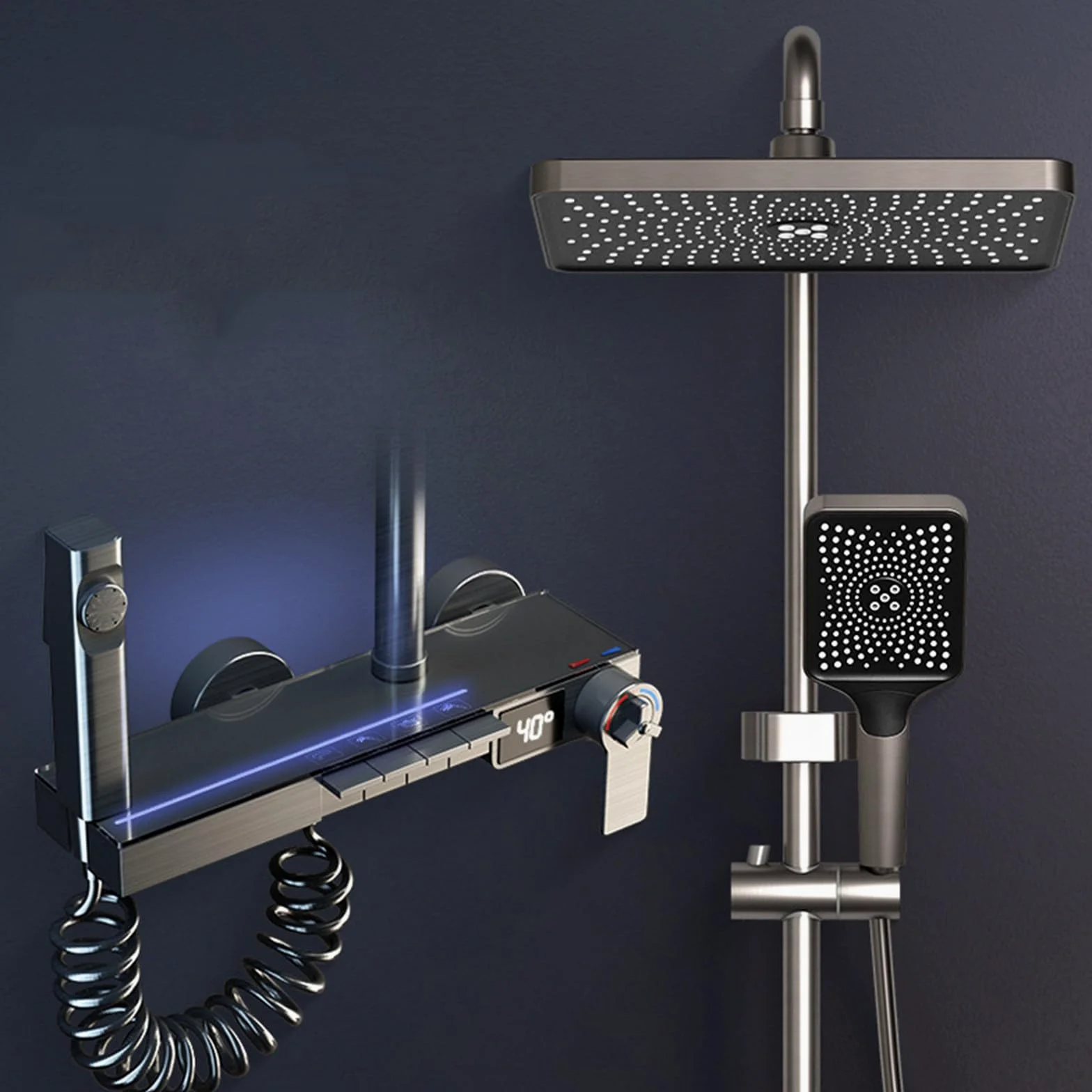 Set Rubinetto Doccia Systemtatic con Display della Temperatura, 4 funzioni, soffione a Pioggia da 12", doccetta, spruzzatore per Bidet, beccuccio per Vasca, Grigio Canna di Fucile