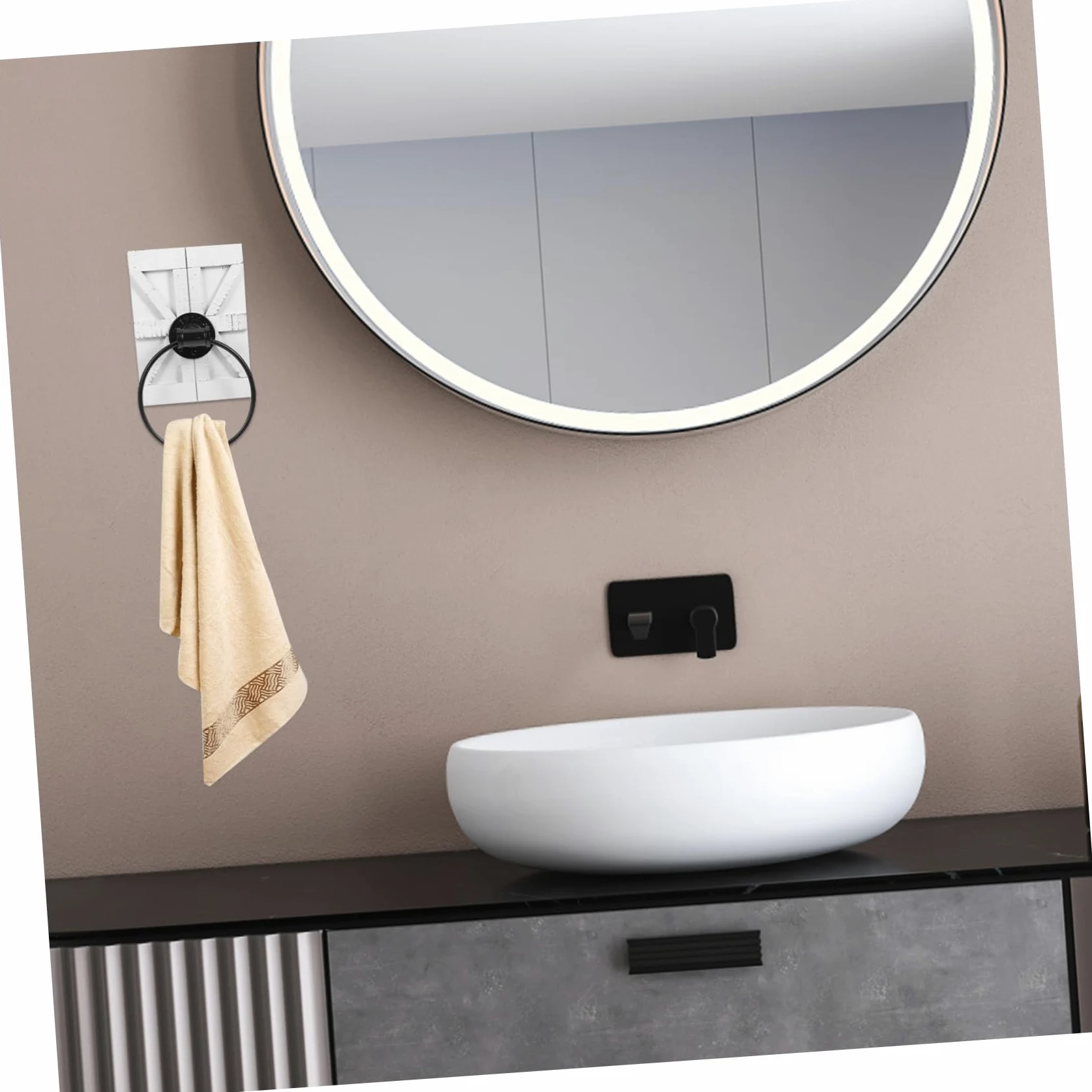 Anello Portasciugamani da Parete Bianco in Ferro con Supporto in Legno | Uso Cucina e Bagno, Montaggio a Muro, Design Europeo Vintage con Finitura Rustica