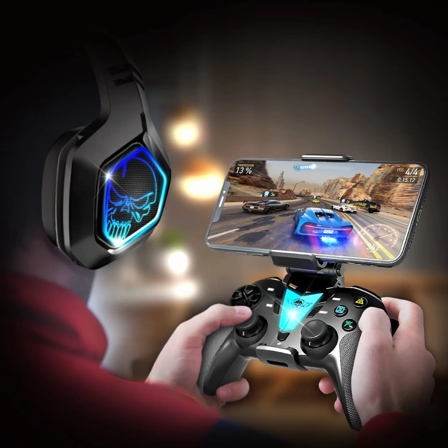 Controller per Telefono Android Bluetooth con Tasto Programmabile + Supporto Smartphone | Compatibile con Iphone, Apple TV, IOS, Android, PS4, PS3 e PC | Gioca a Fortnite, Call of Duty su Cellulare