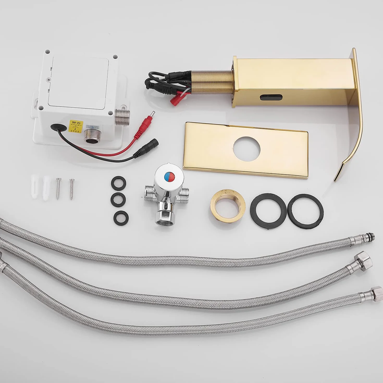Oro Lucido Bagno Rubinetto Touchless Sensore Automatico Lavandino con Coperchio Foro Rubinetto Vanity Mani Free Cascata Scatola Controllo Miscelatore Temperatura