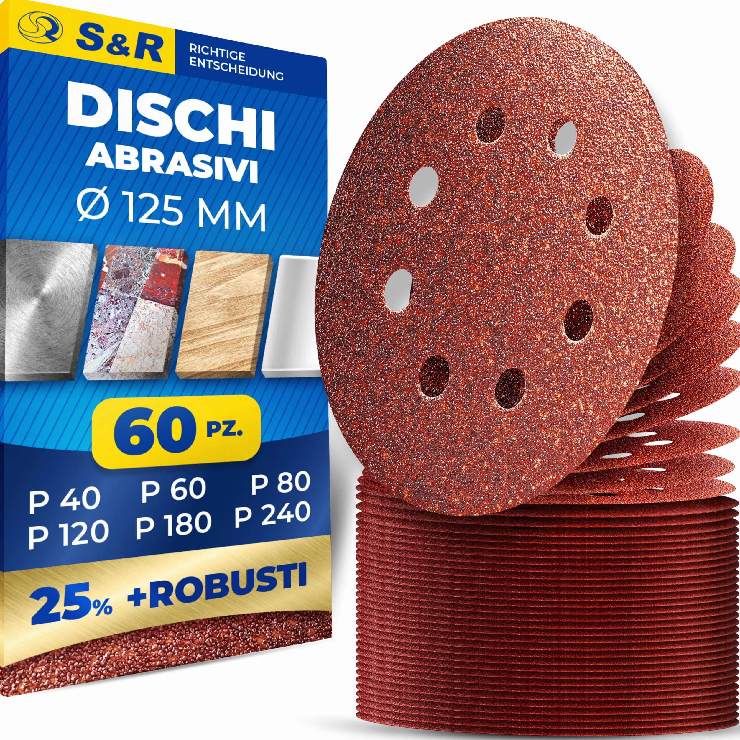 S&R Dischi Abrasivi 125mm Carta Vetrata Grana 40-240 8 Fori Levigatrice Rotorbitale